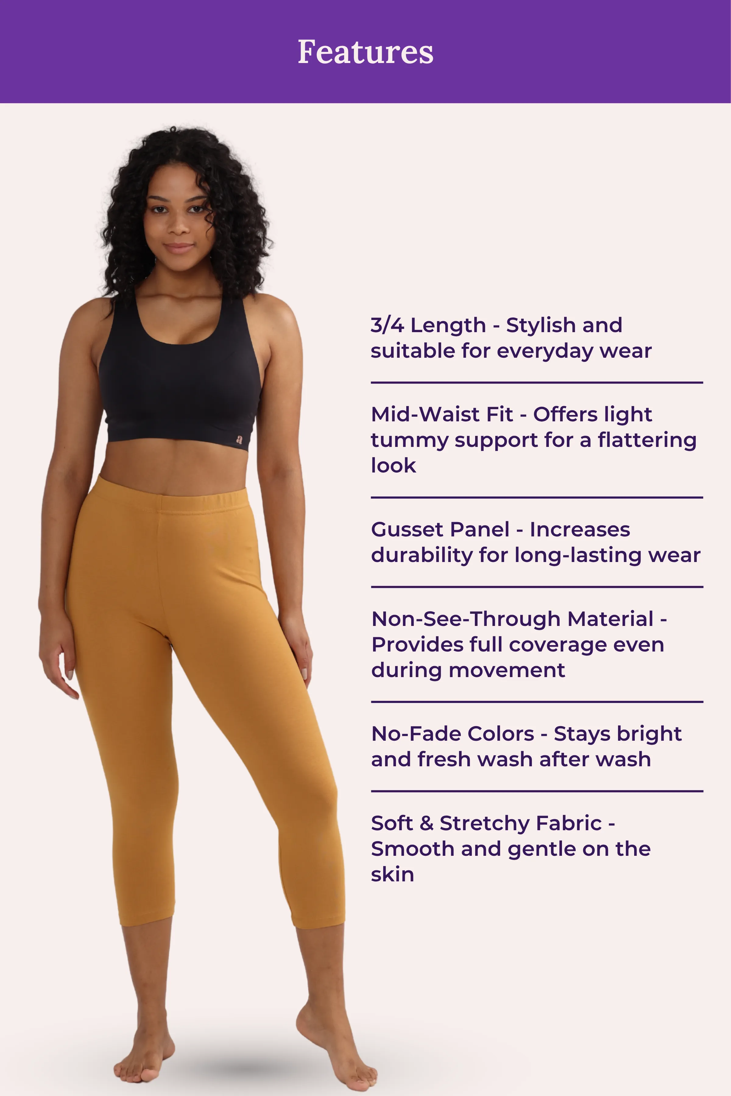 Cropped Leggings | Mid Waist | 3/4 Length | Cotton–Elastane Blend | Non-See-Through | Gusset Crotch to Prevent Ripping - Image 6