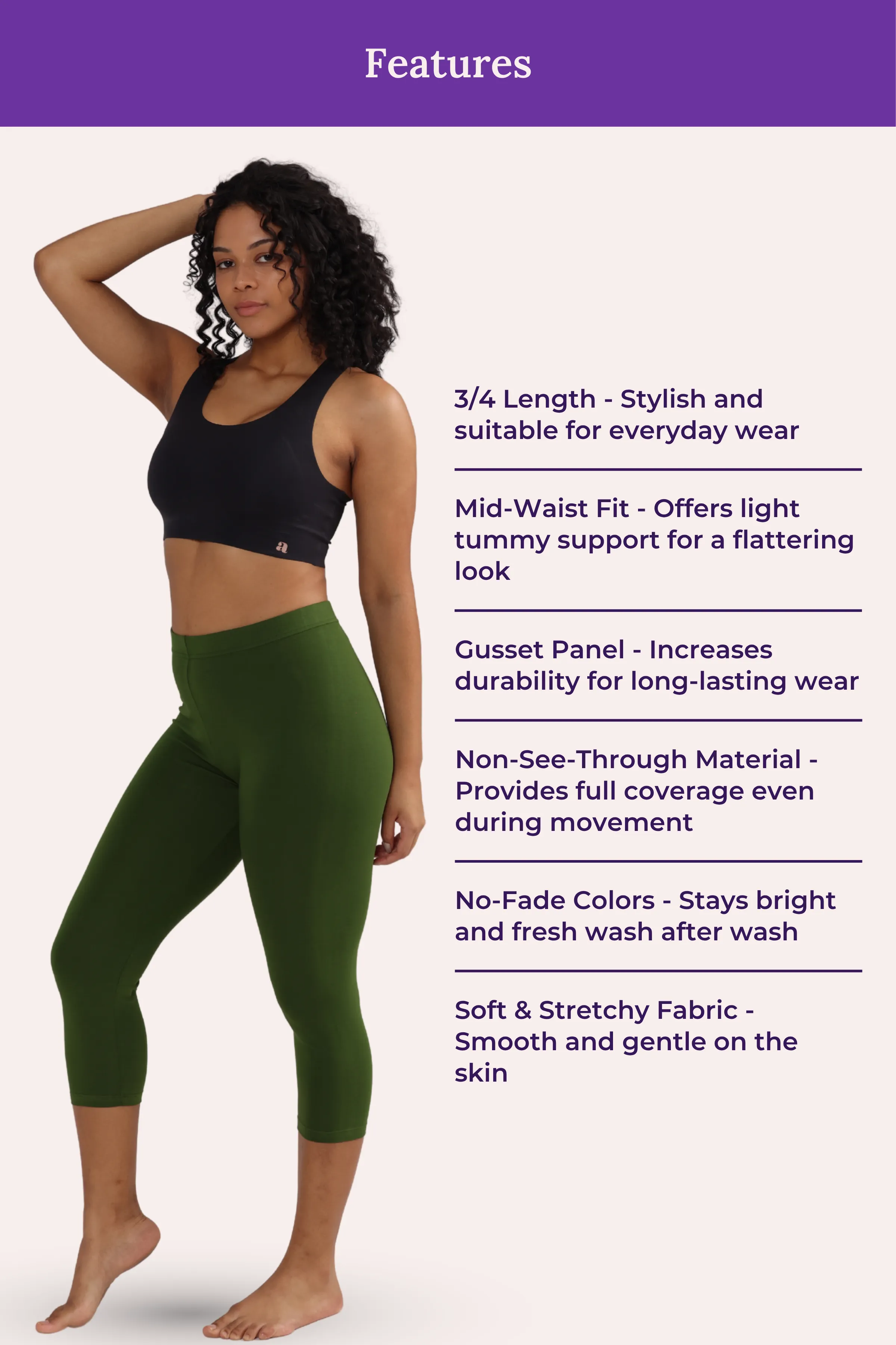 Cropped Leggings | Mid Waist | 3/4 Length | Cotton–Elastane Blend | Non-See-Through | Gusset Crotch to Prevent Ripping - Image 6