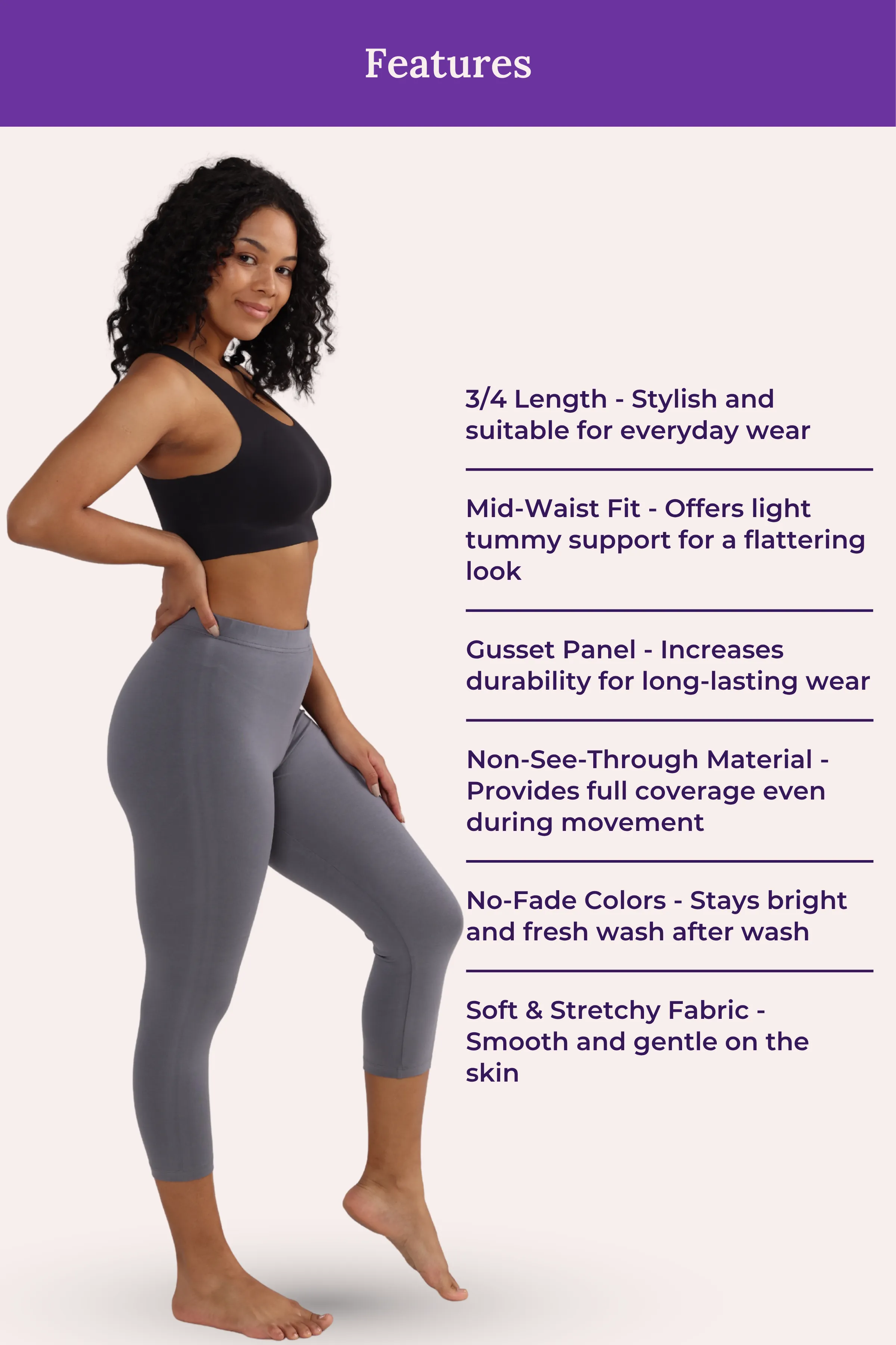 Cropped Leggings | Mid Waist | 3/4 Length | Cotton–Elastane Blend | Non-See-Through | Gusset Crotch to Prevent Ripping - Image 6