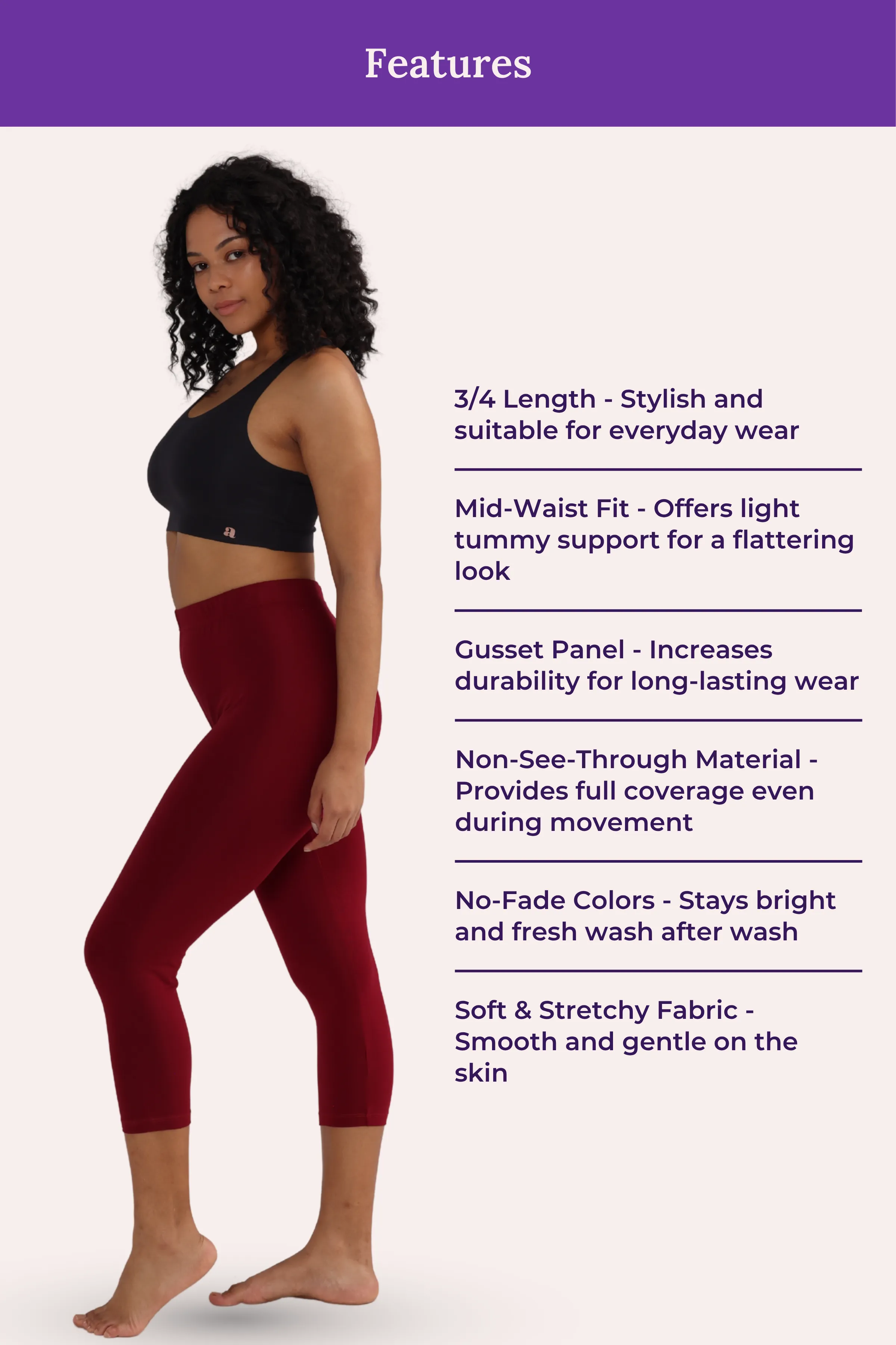 Cropped Leggings | Mid Waist | 3/4 Length | Cotton–Elastane Blend | Non-See-Through | Gusset Crotch to Prevent Ripping - Image 6