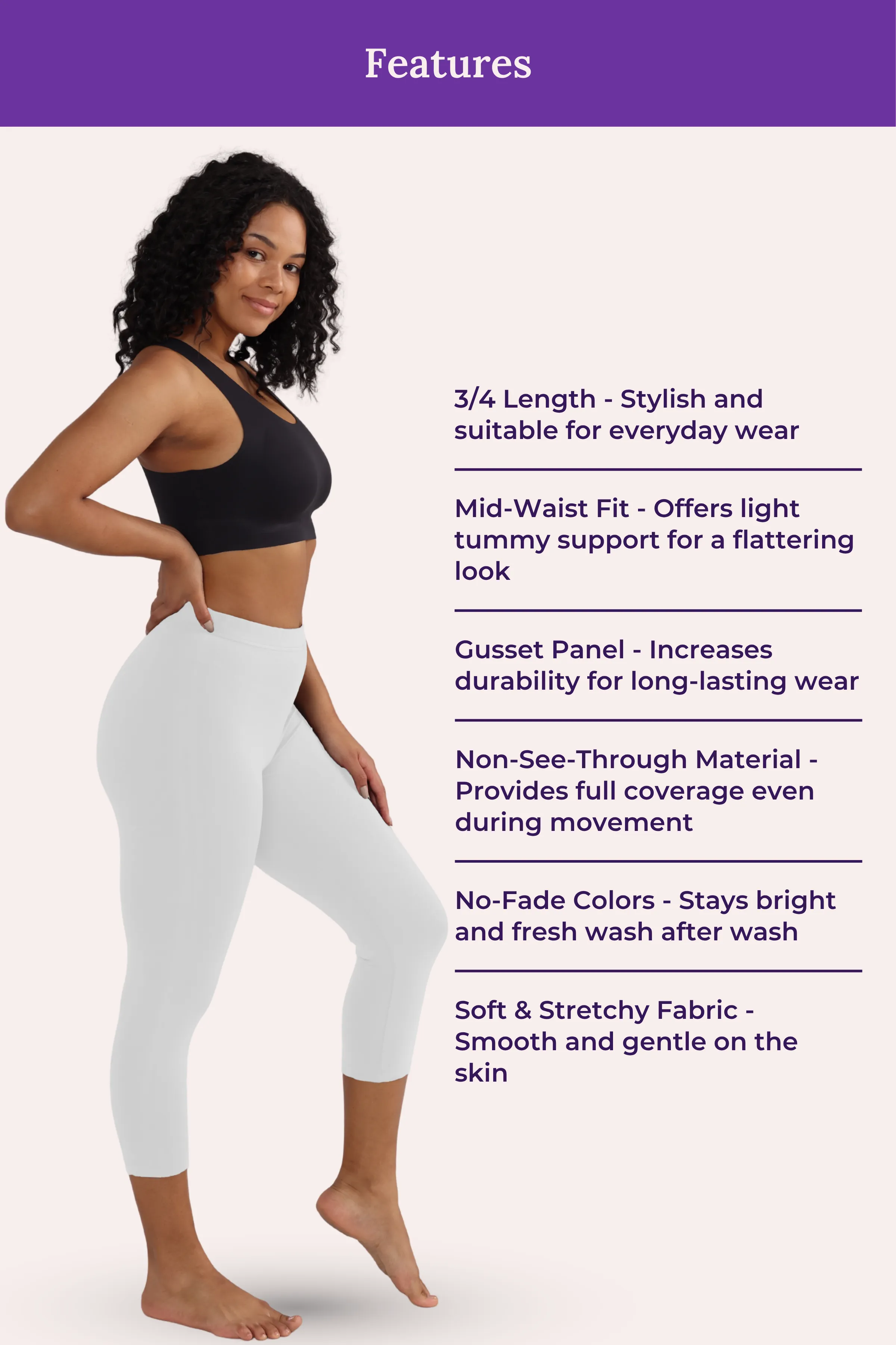 Cropped Leggings | Mid Waist | 3/4 Length | Cotton–Elastane Blend | Non-See-Through | Gusset Crotch to Prevent Ripping - Image 6