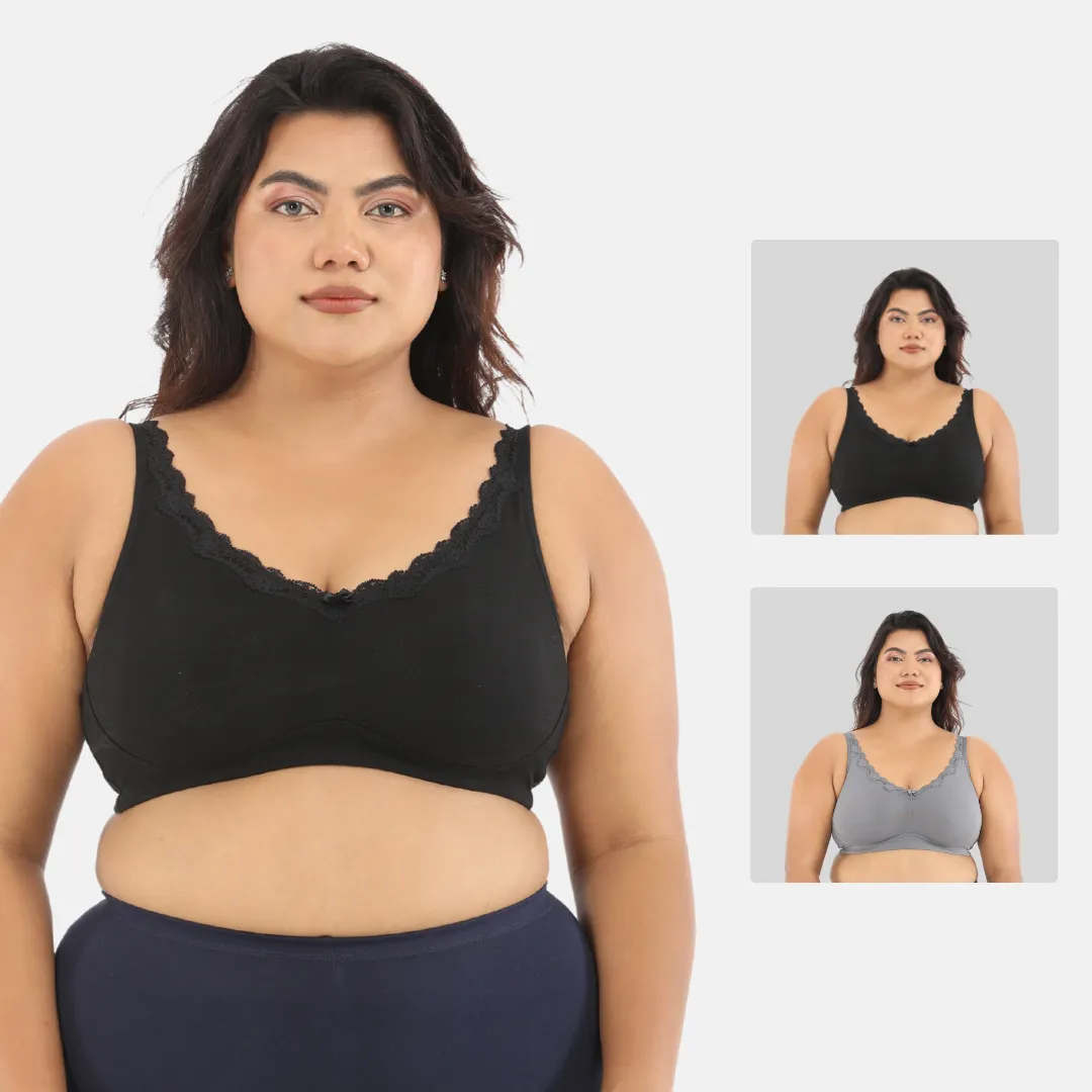 Day Bra For Curvy Women | Full Coverage | Wire-Free & Non-Padded | Seamless Cups | No Centre Panel/Gore | Back Hook & Eye Closure | Pack Of 2