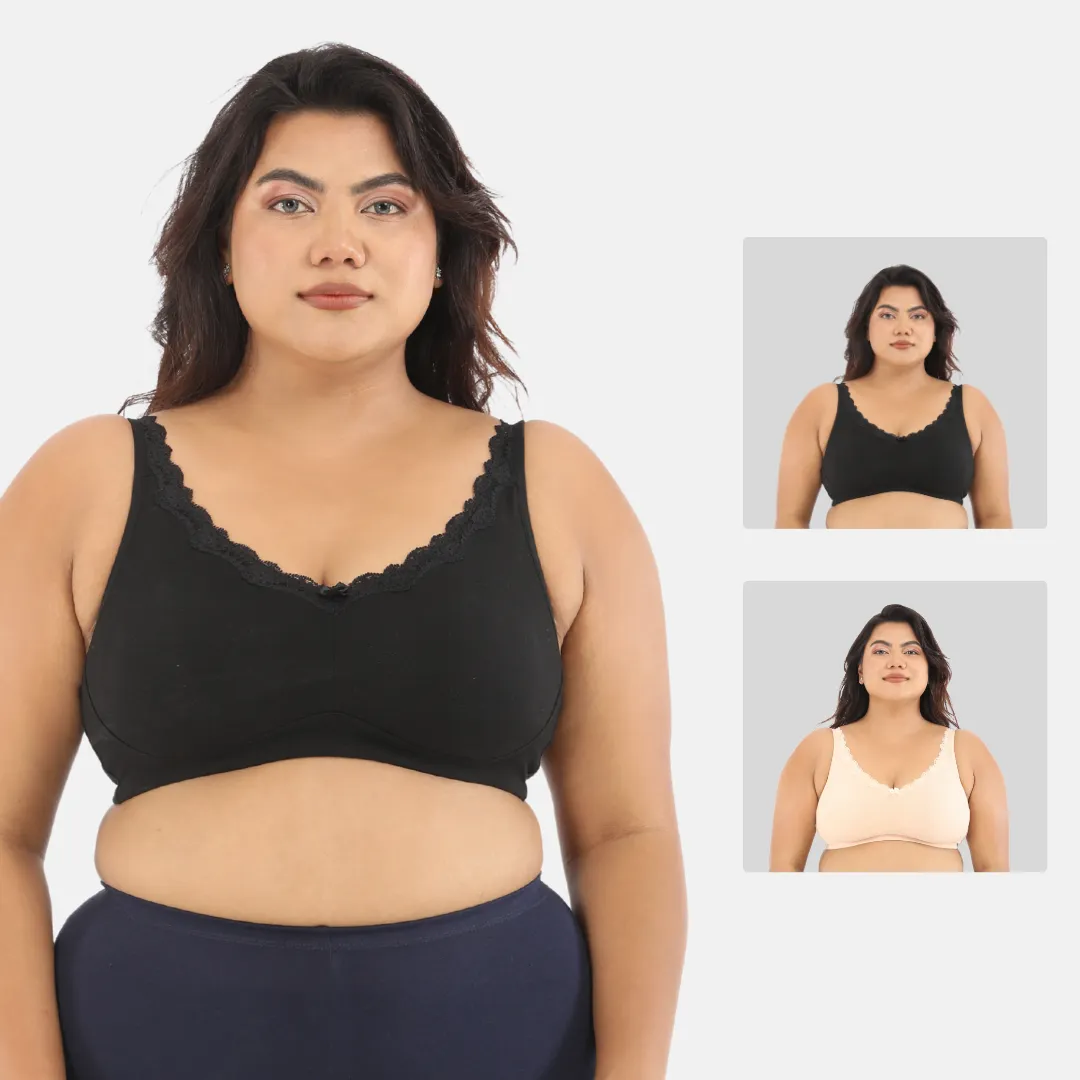 Day Bra For Curvy Women | Full Coverage | Wire-Free & Non-Padded | Seamless Cups | No Centre Panel/Gore | Back Hook & Eye Closure | Pack Of 2