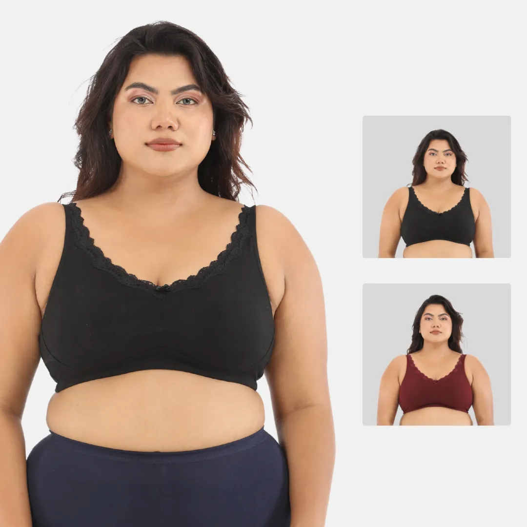Day Bra For Curvy Women | Full Coverage | Wire-Free & Non-Padded | Seamless Cups | No Centre Panel/Gore | Back Hook & Eye Closure | Pack Of 2