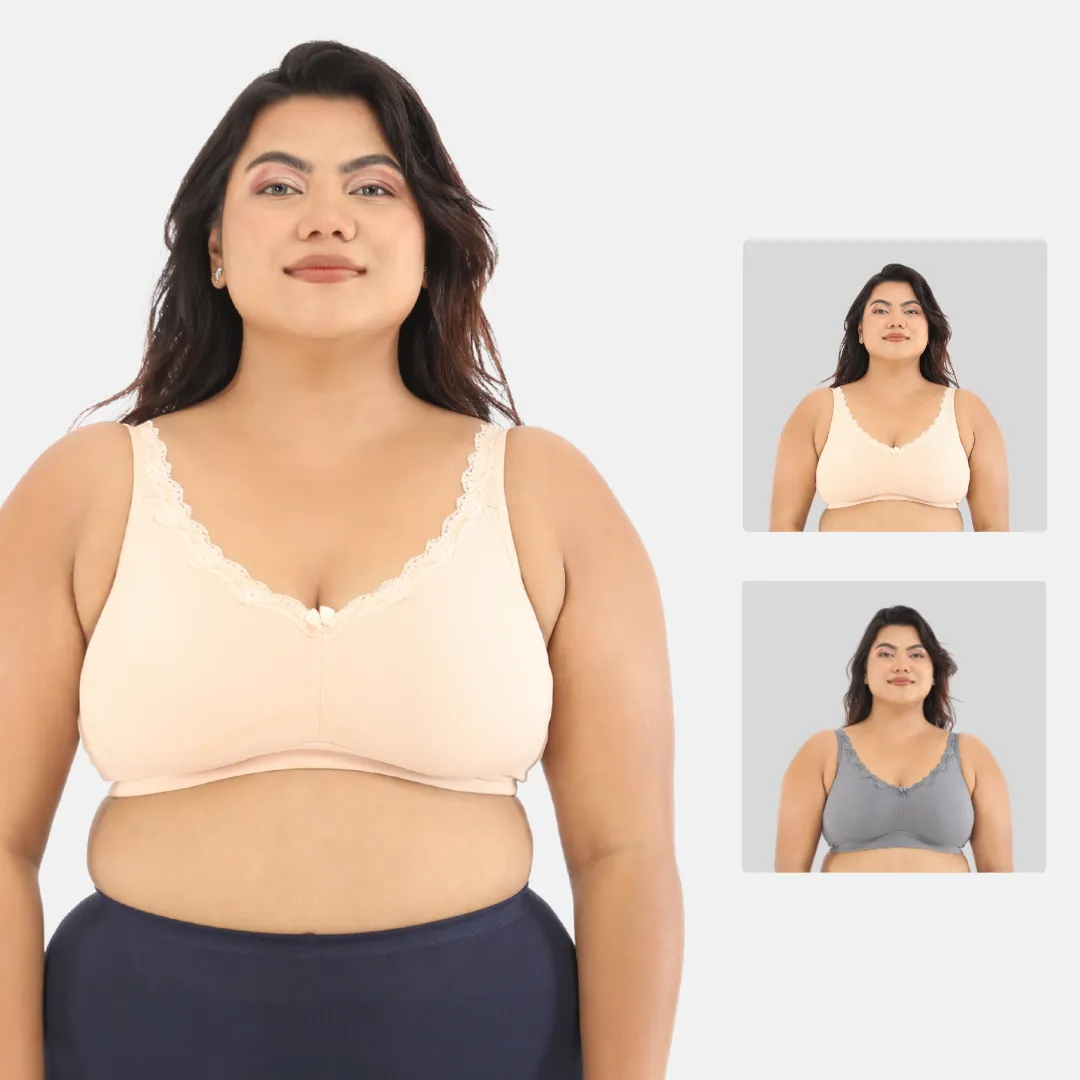 Day Bra For Curvy Women | Full Coverage | Wire-Free & Non-Padded | Seamless Cups | No Centre Panel/Gore | Back Hook & Eye Closure | Pack Of 2