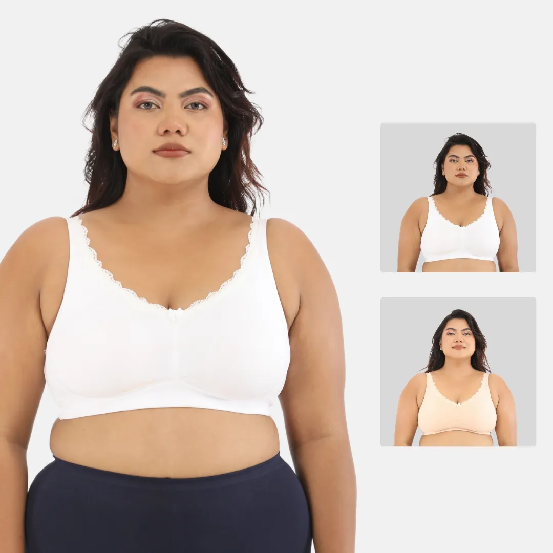 Day Bra For Curvy Women | Full Coverage | Wire-Free & Non-Padded | Seamless Cups | No Centre Panel/Gore | Back Hook & Eye Closure | Pack Of 2