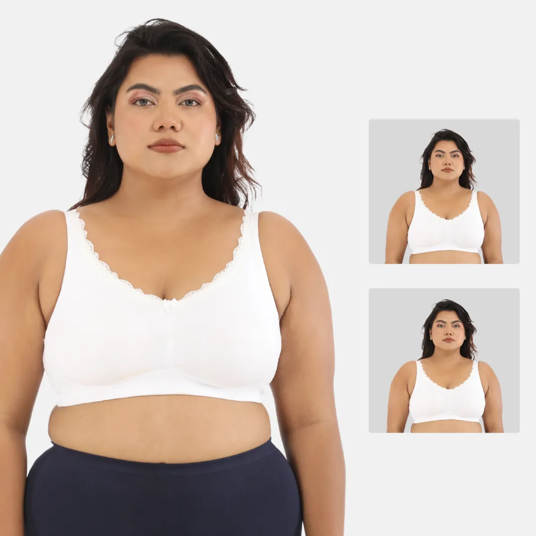Day Bra For Curvy Women | Full Coverage | Wire-Free & Non-Padded | Seamless Cups | No Centre Panel/Gore | Back Hook & Eye Closure | Pack Of 2