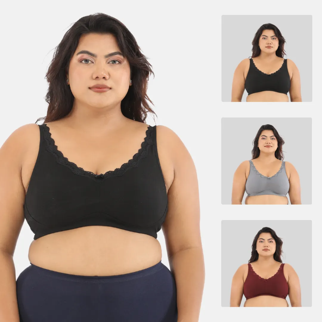 Day Bra For Curvy Women | Full Coverage | Wire-Free & Non-Padded | Seamless Cups | No Centre Panel/Gore | Back Hook & Eye Closure | Pack Of 3
