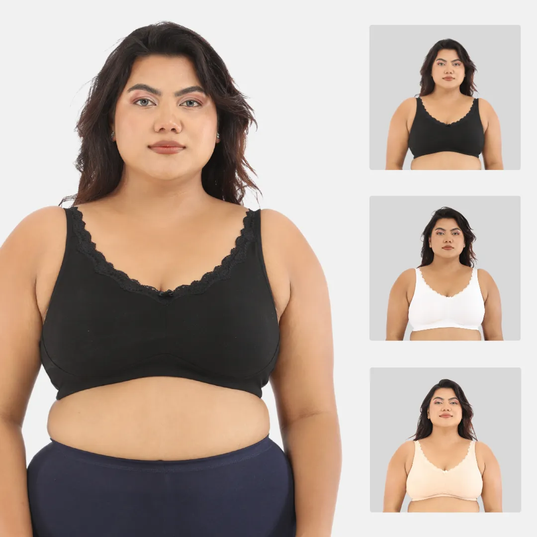 Day Bra For Curvy Women | Full Coverage | Wire-Free & Non-Padded | Seamless Cups | No Centre Panel/Gore | Back Hook & Eye Closure | Pack Of 3