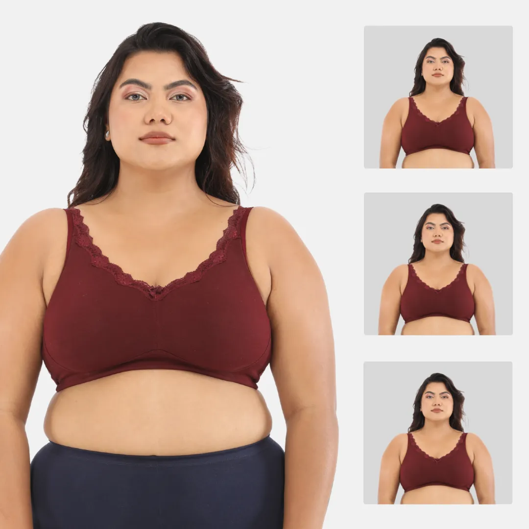 Day Bra For Curvy Women | Full Coverage | Wire-Free & Non-Padded | Seamless Cups | No Centre Panel/Gore | Back Hook & Eye Closure | Pack Of 3