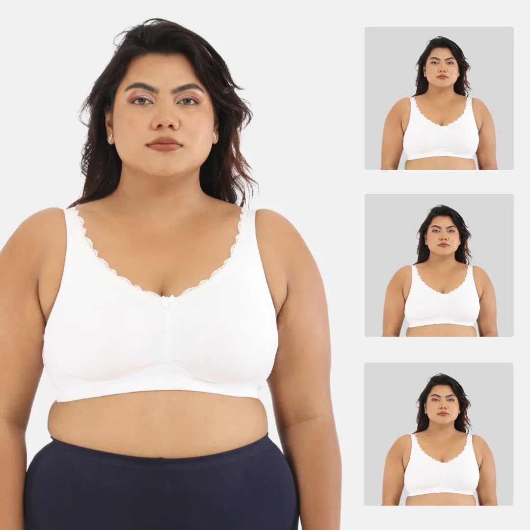 Day Bra For Curvy Women | Full Coverage | Wire-Free & Non-Padded | Seamless Cups | No Centre Panel/Gore | Back Hook & Eye Closure | Pack Of 3