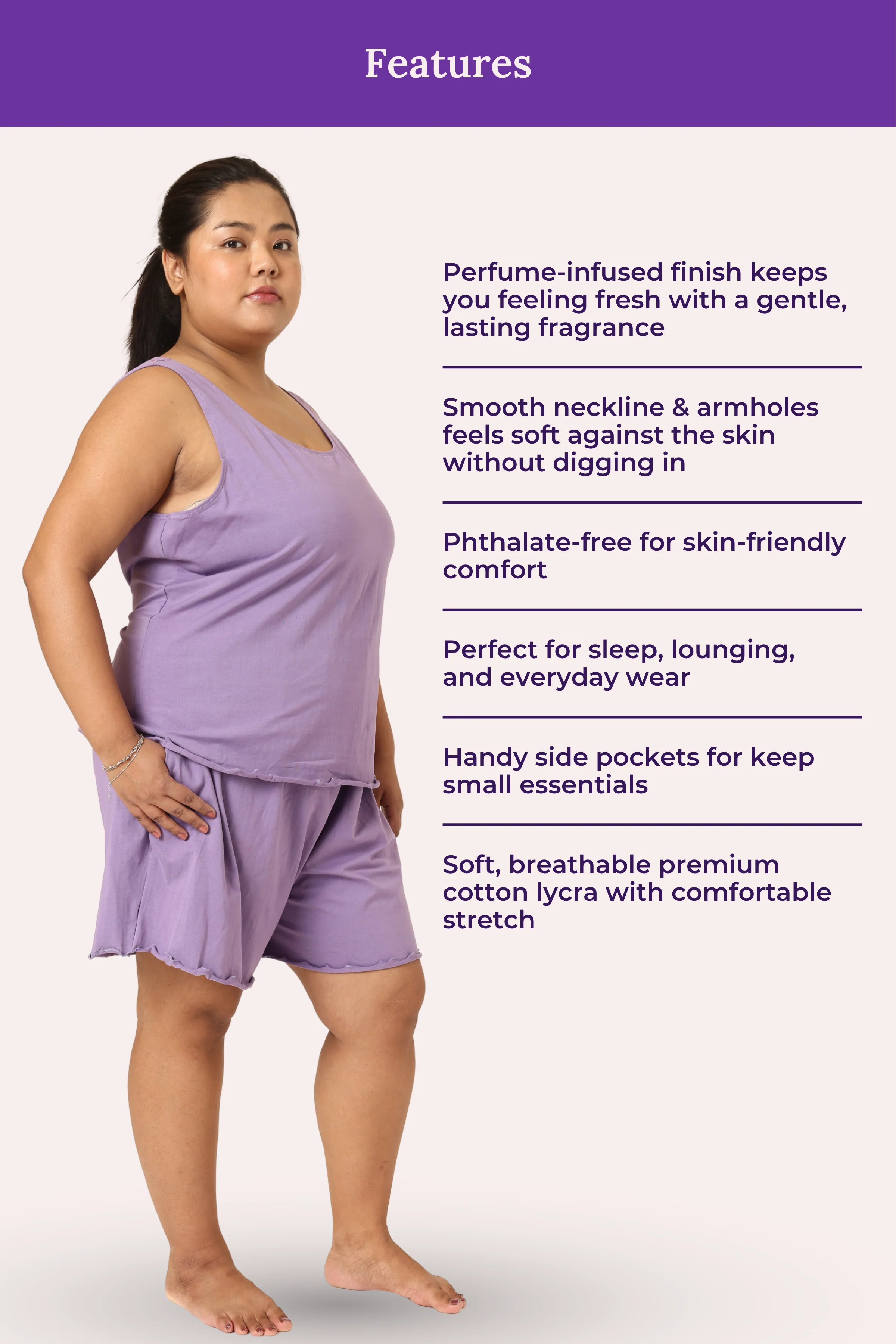 Calmwear Lounge Set | Tank Top & Shorts | Sweet Lavender Fragrance Embedded | Soft Skin Friendly Cotton | Lasts 15-20 washes - Image 4