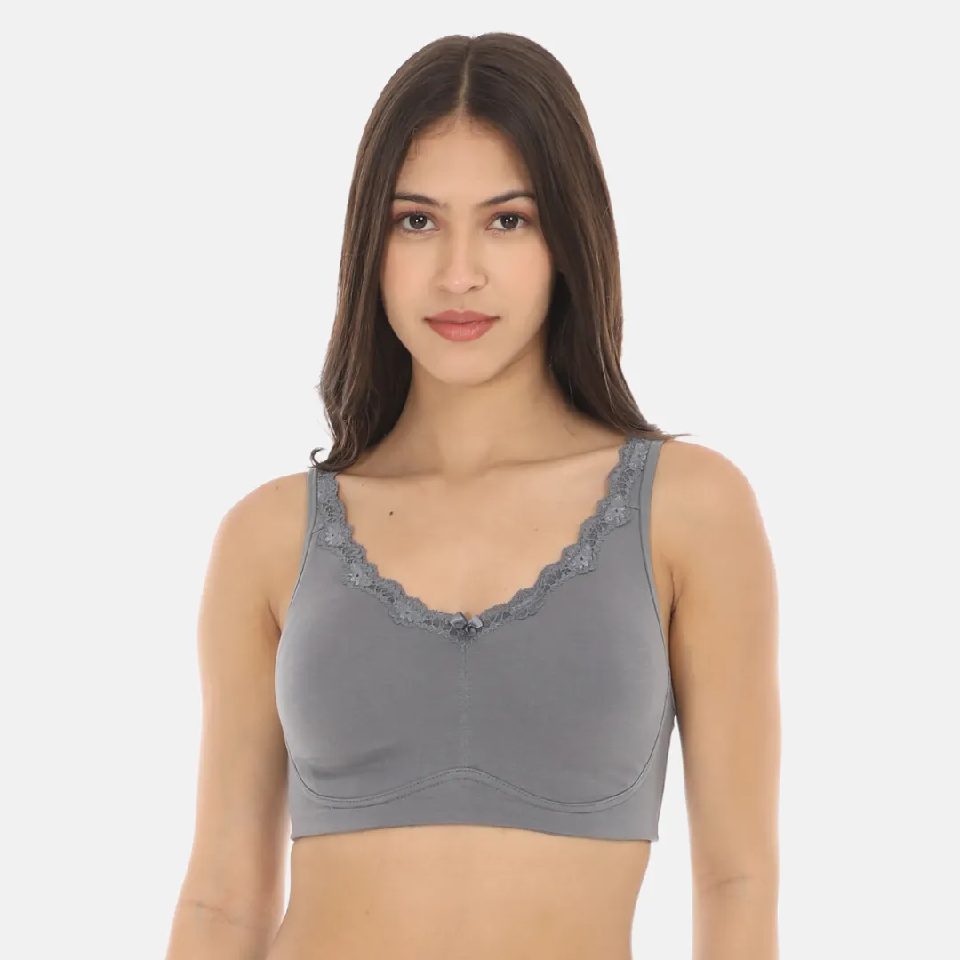 Cotton Bra | Lace Detailing | Full Coverage | Wire-Free & Non-Padded | Seamless Cups | No Centre Panel | Hidden Side Panels