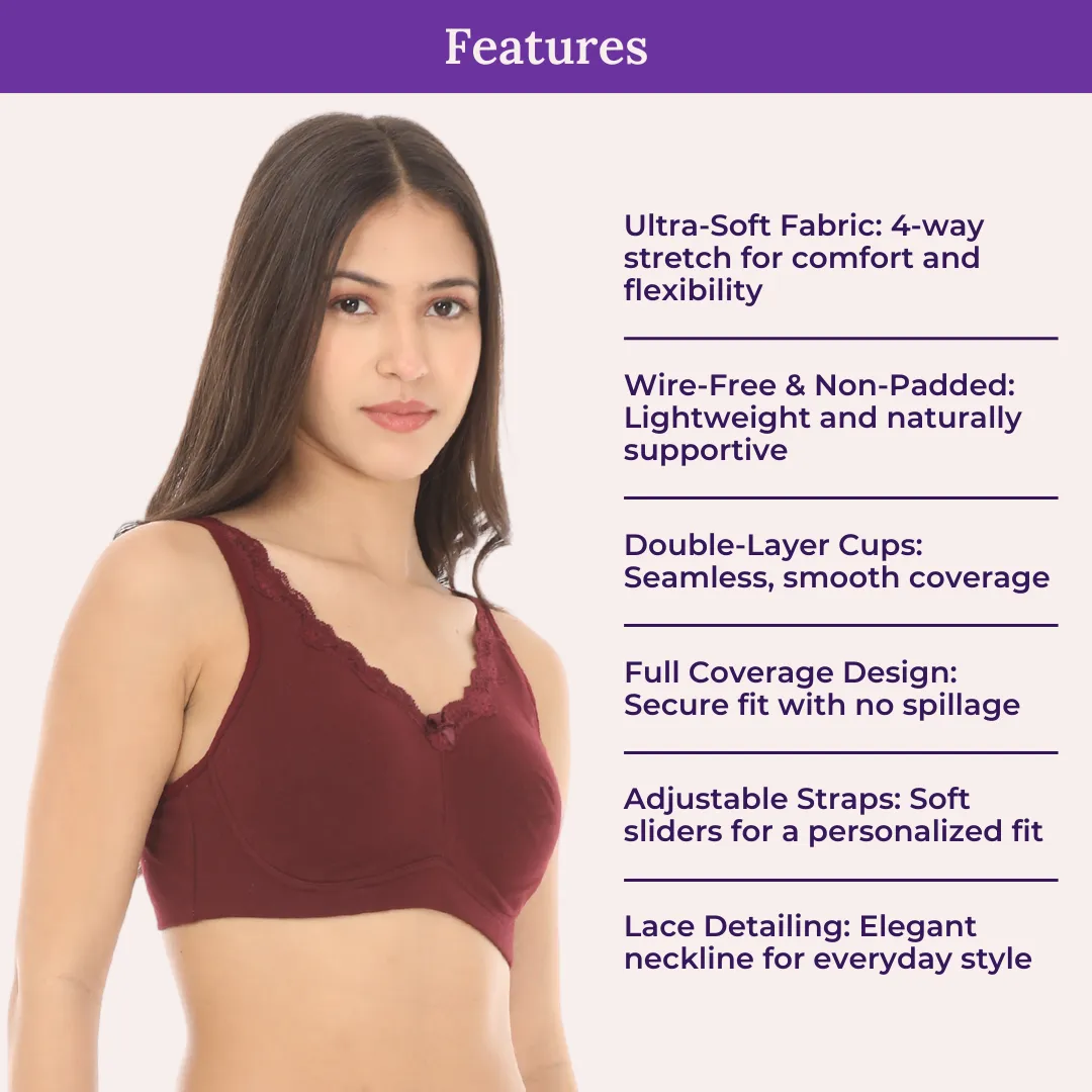 Cotton Bra | Lace Detailing | Full Coverage | Wire-Free & Non-Padded | Seamless Cups | No Centre Panel | Hidden Side Panels | 2 Pack - Image 4