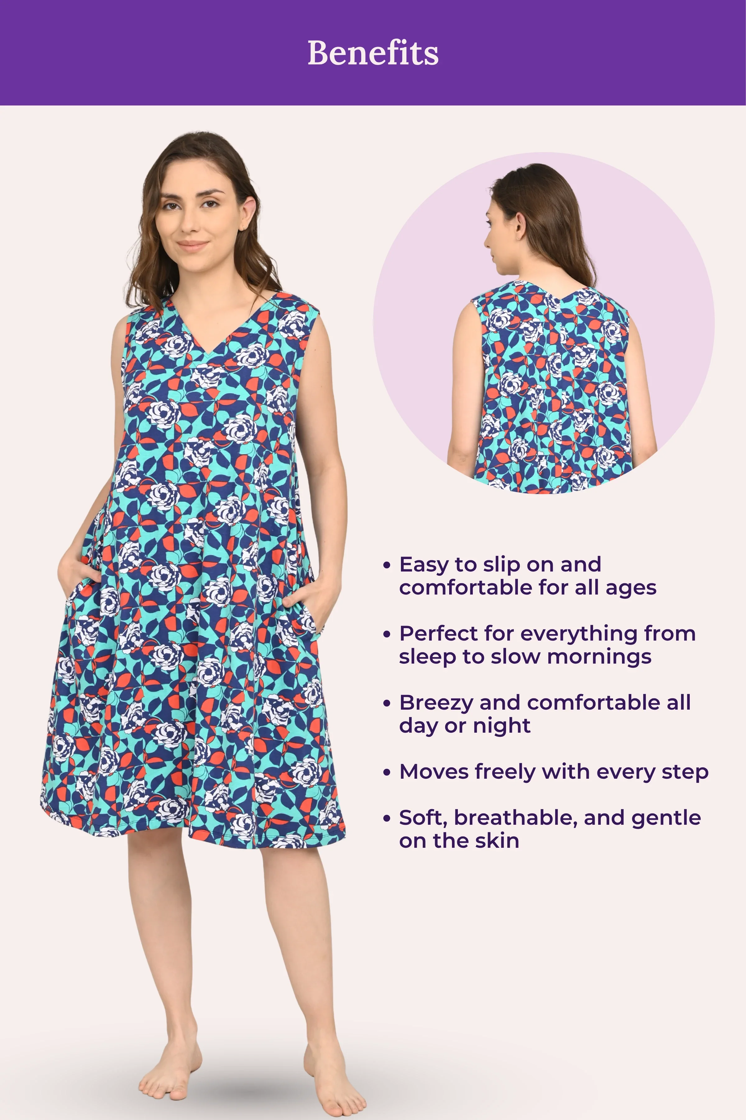 Easy Flare Nighty | V Neck | Fit & Flare Silhouette | Roomy For Comfort | Knee Length | With 2 Pockets - Image 4