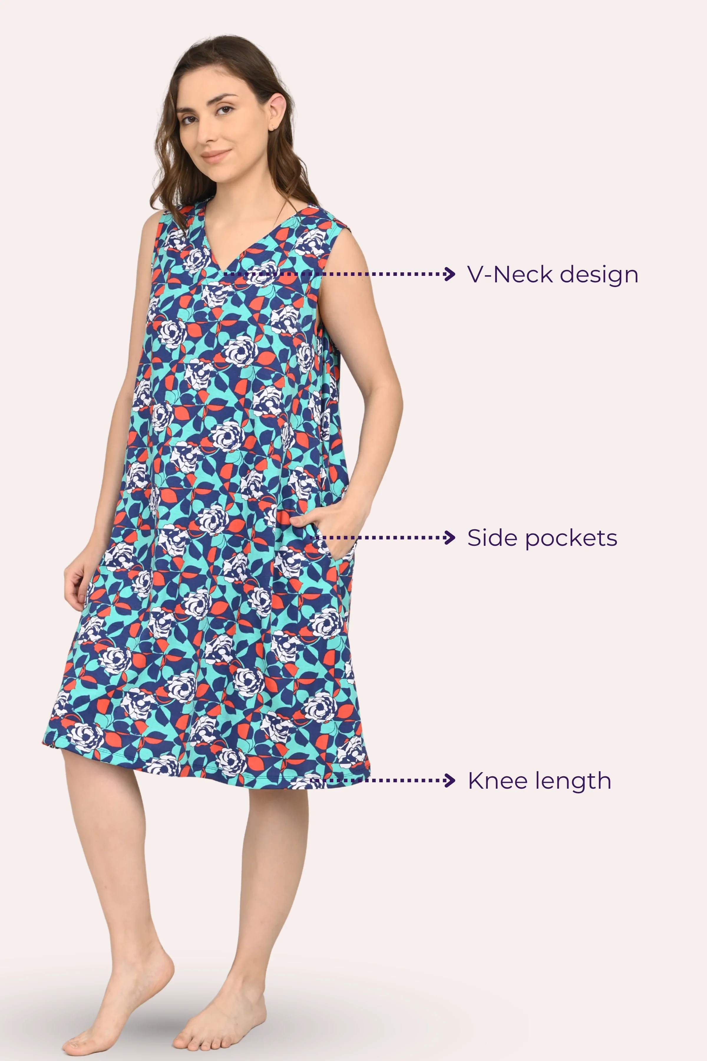 Easy Flare Nighty | V Neck | Fit & Flare Silhouette | Roomy For Comfort | Knee Length | With 2 Pockets - Image 5