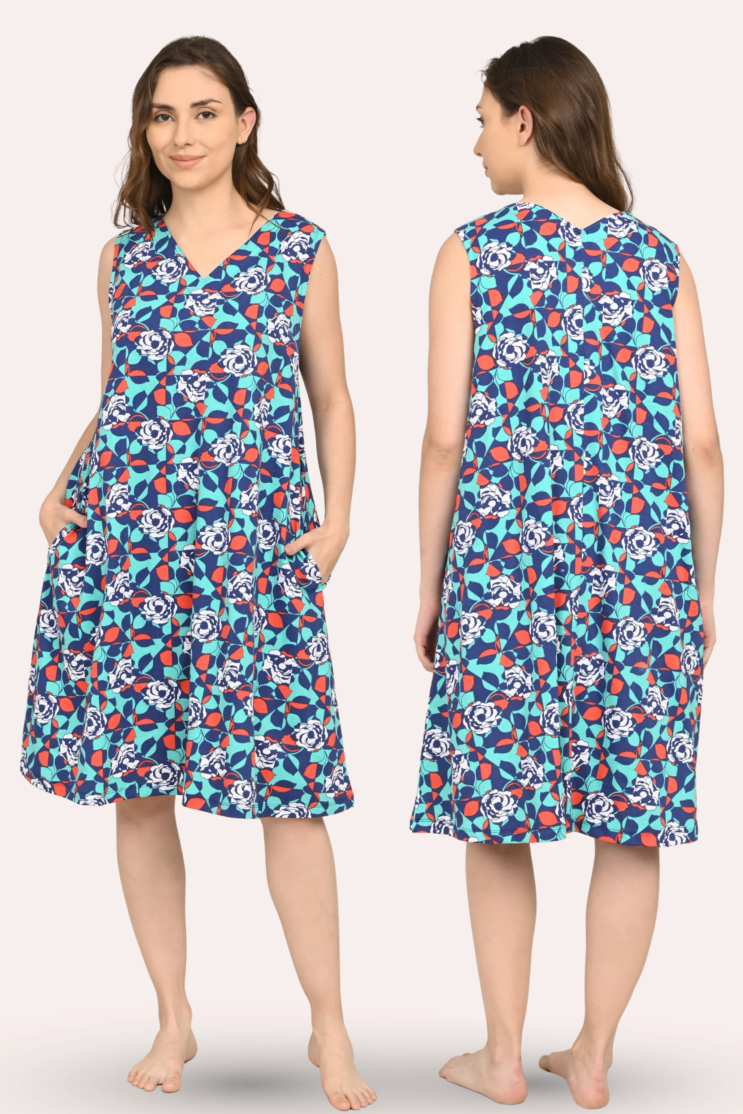 Easy Flare Nighty | V Neck | Fit & Flare Silhouette | Roomy For Comfort | Knee Length | With 2 Pockets - Image 6