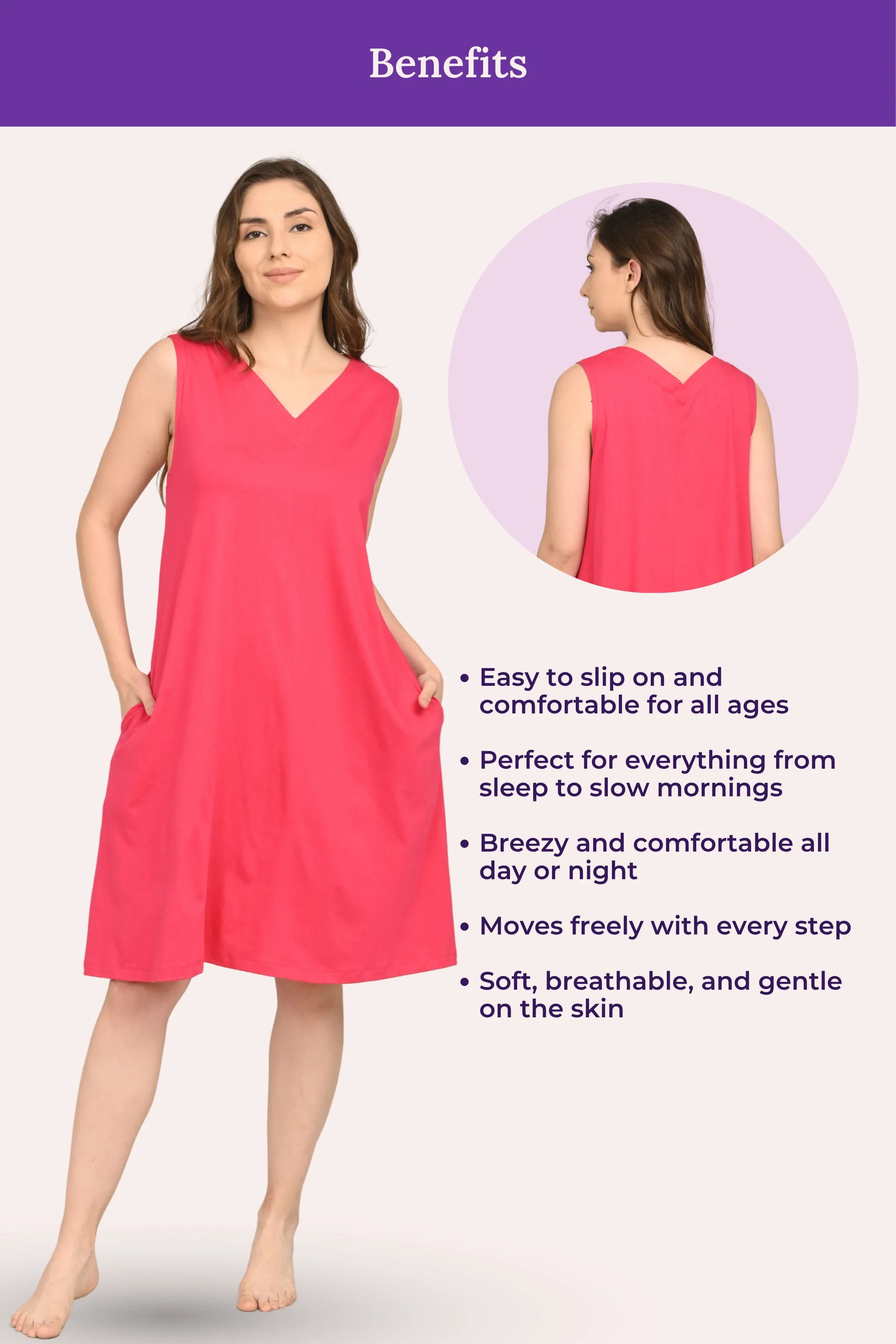 Easy Flare Nighty | V Neck | Fit & Flare Silhouette | Roomy For Comfort | Knee Length | With 2 Pockets - Image 4