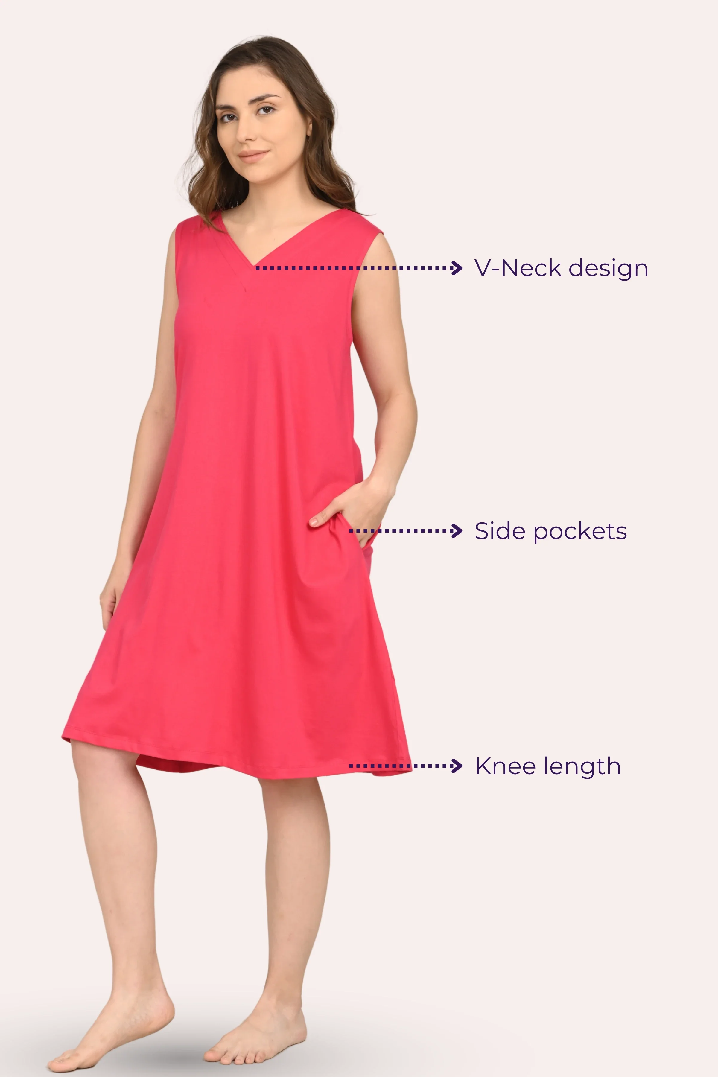 Easy Flare Nighty | V Neck | Fit & Flare Silhouette | Roomy For Comfort | Knee Length | With 2 Pockets - Image 5