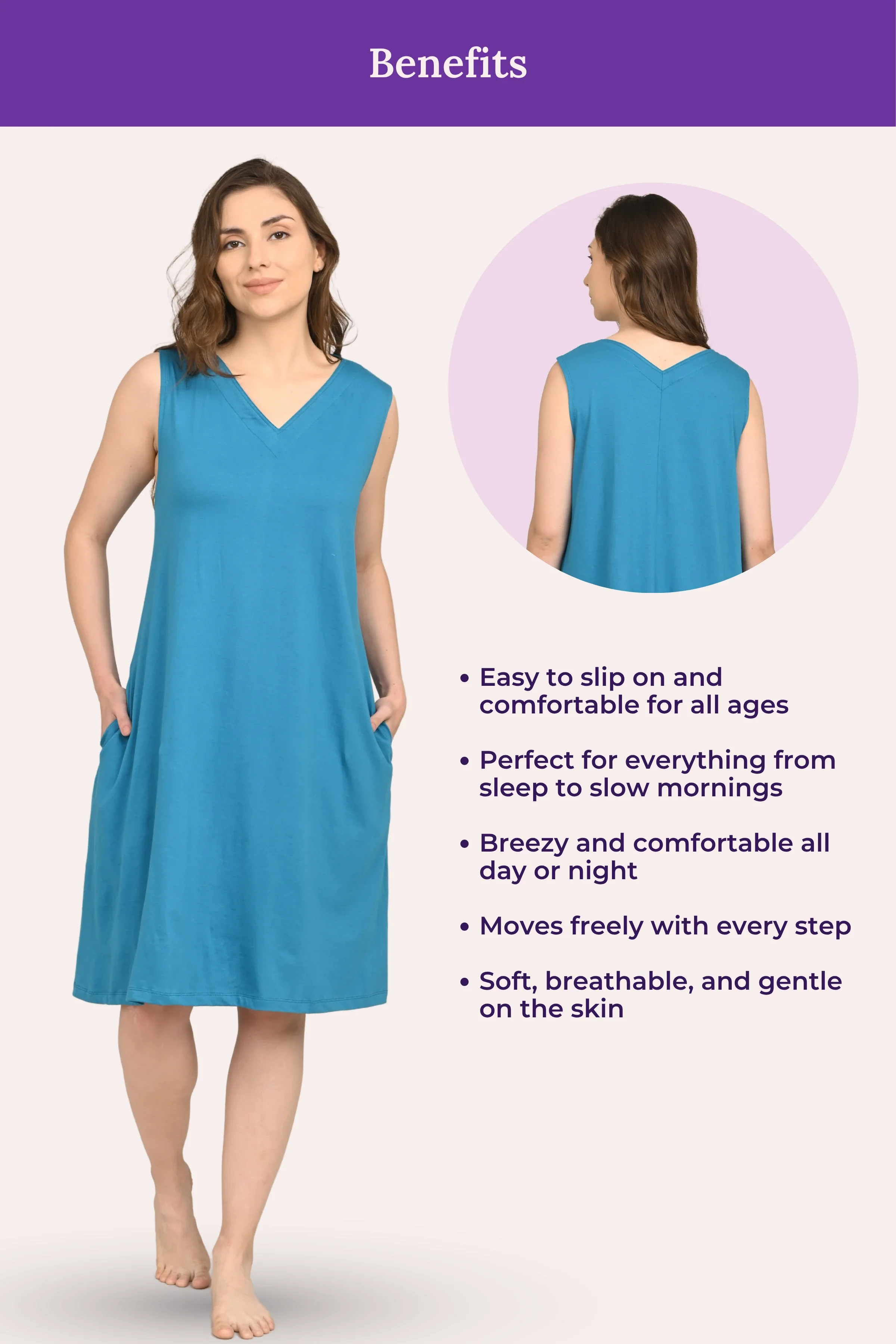 Easy Flare Nighty | V Neck | Fit & Flare Silhouette | Roomy For Comfort | Knee Length | With 2 Pockets - Image 4