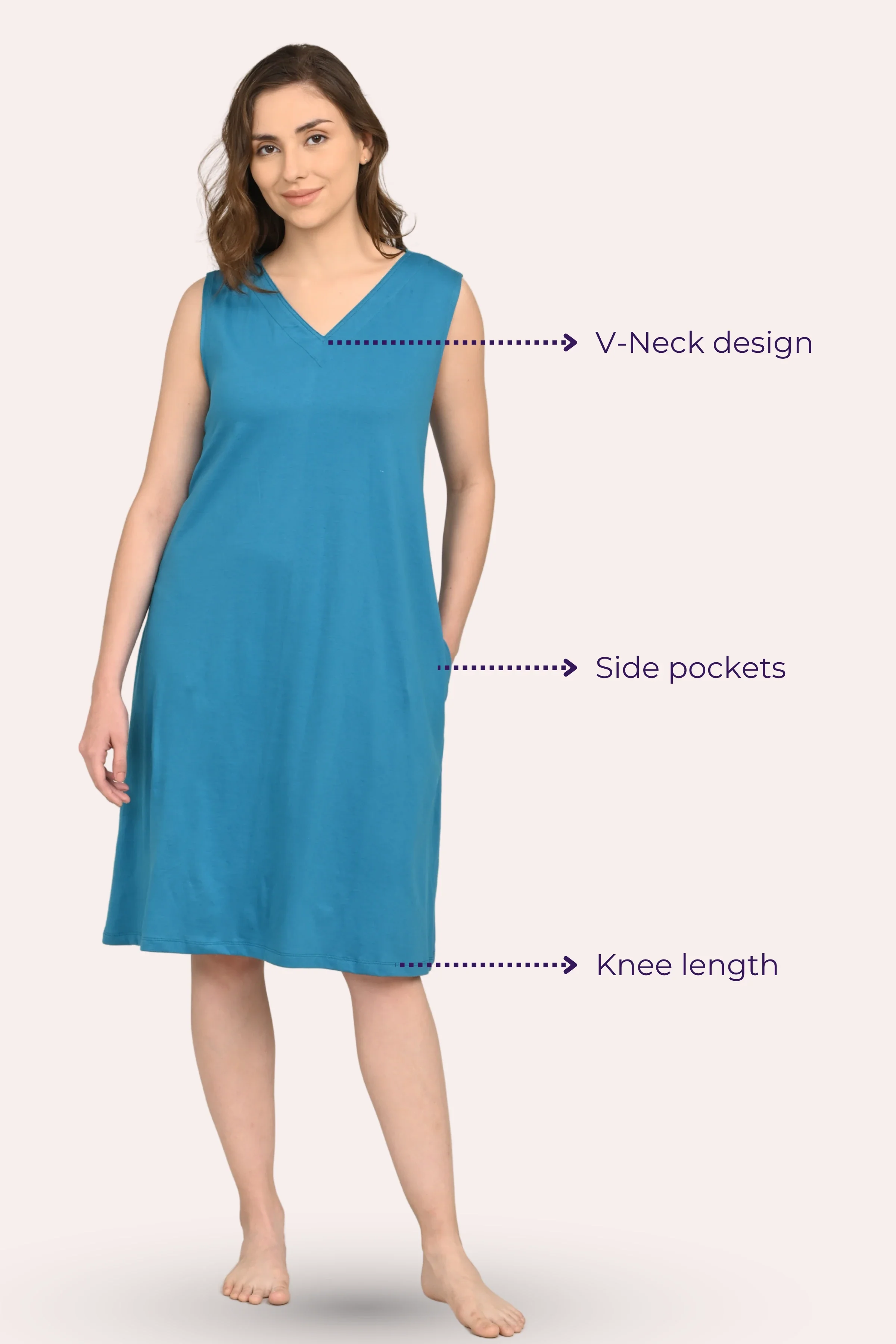 Easy Flare Nighty | V Neck | Fit & Flare Silhouette | Roomy For Comfort | Knee Length | With 2 Pockets - Image 5