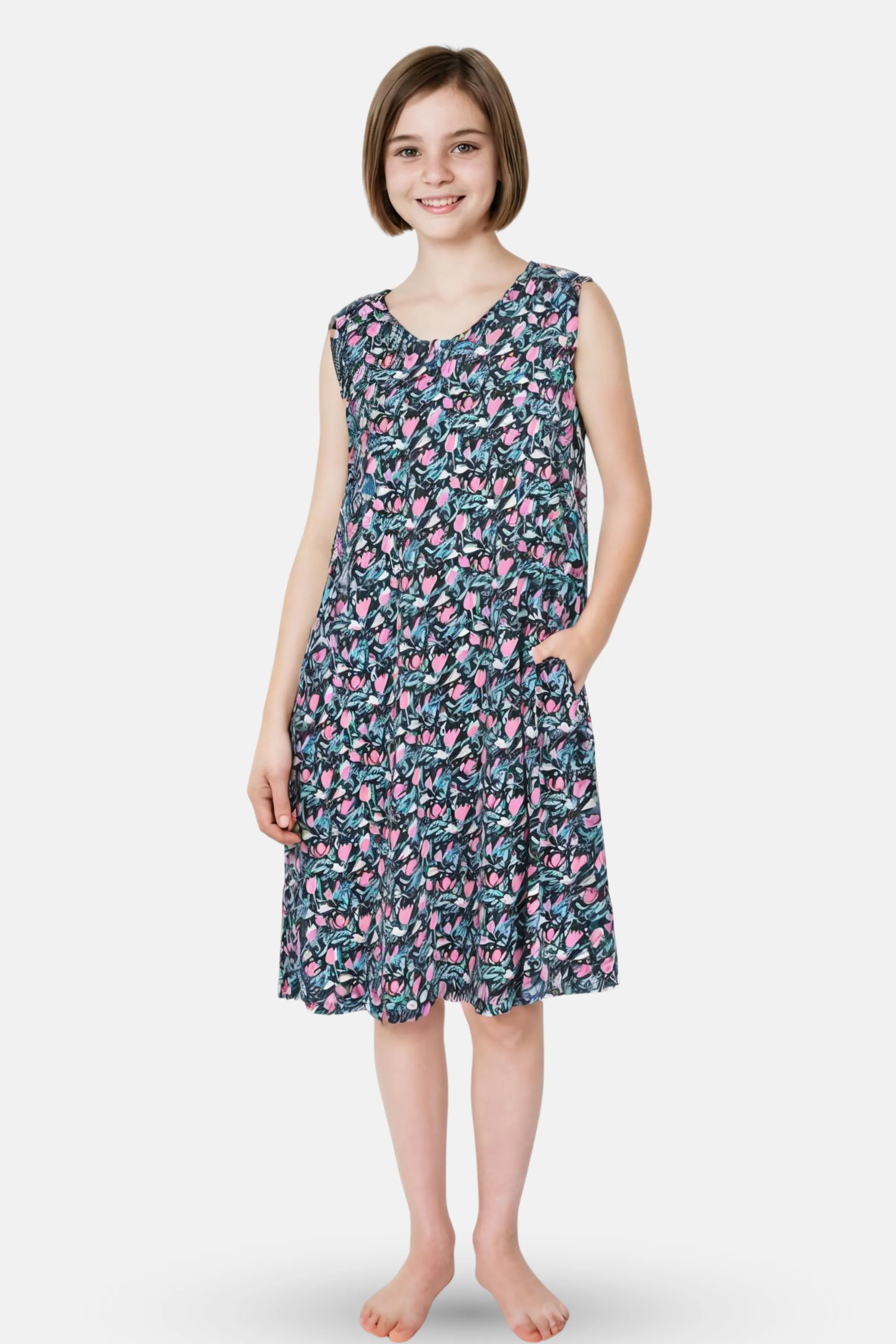 Easy Flare Teens Nighty | V Neck | Fit & Flare Silhouette | Roomy For Comfort | Knee Length | With 2 Pockets
