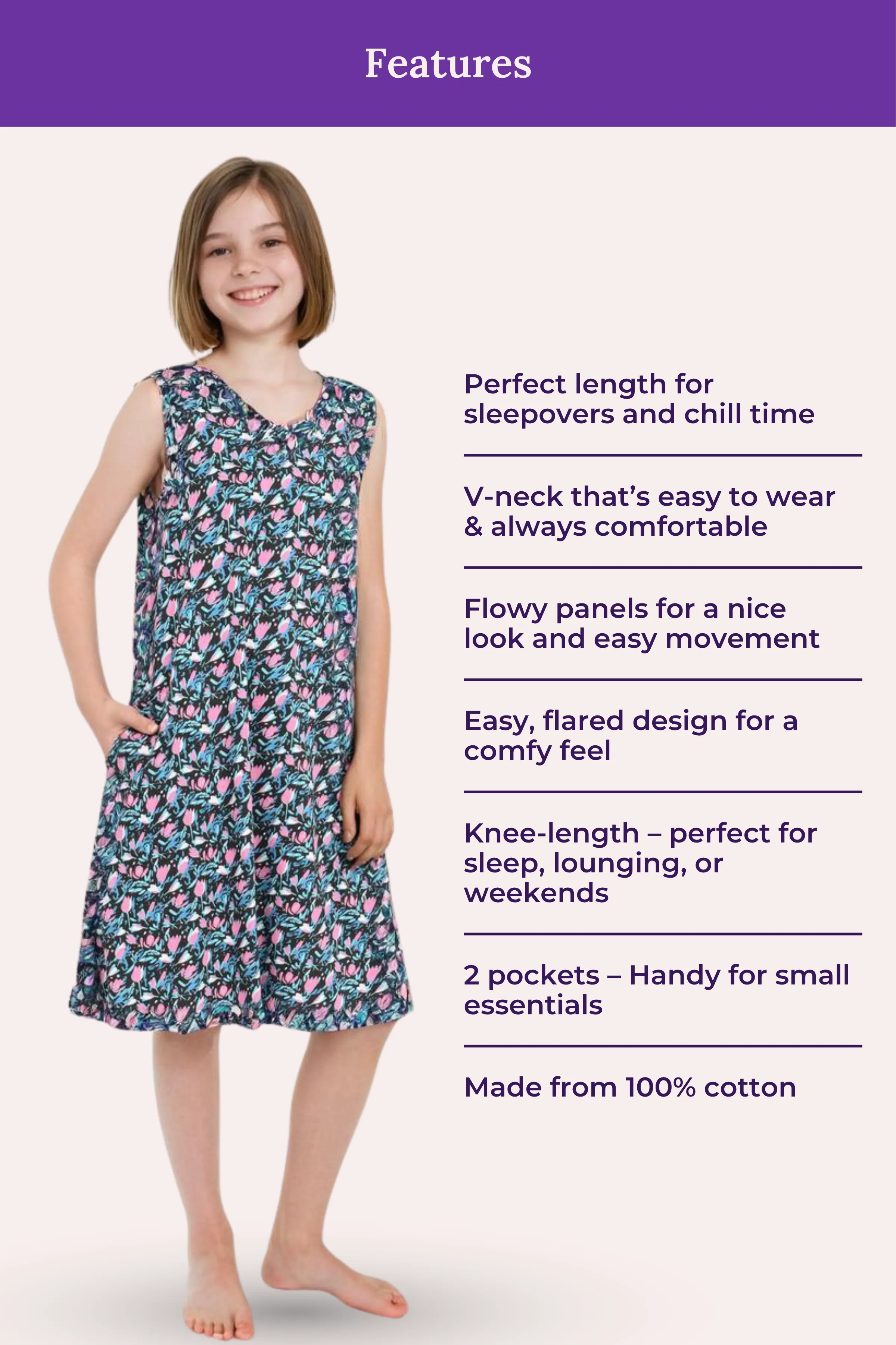 Easy Flare Teens Nighty | V Neck | Fit & Flare Silhouette | Roomy For Comfort | Knee Length | With 2 Pockets - Image 2