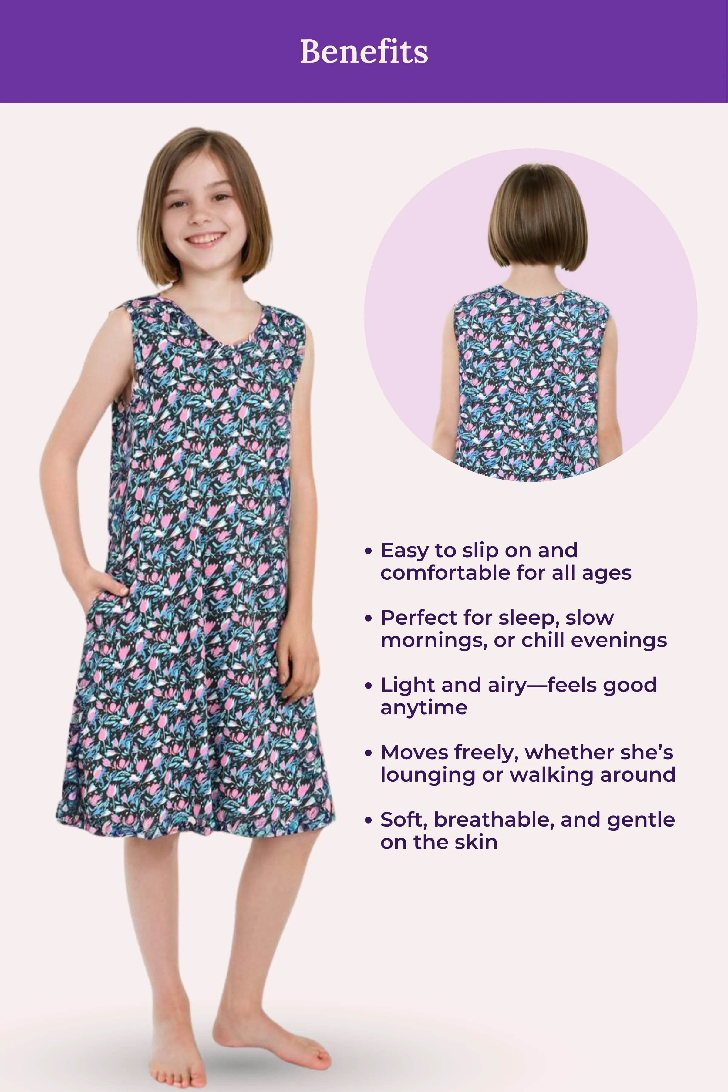 Easy Flare Teens Nighty | V Neck | Fit & Flare Silhouette | Roomy For Comfort | Knee Length | With 2 Pockets - Image 4