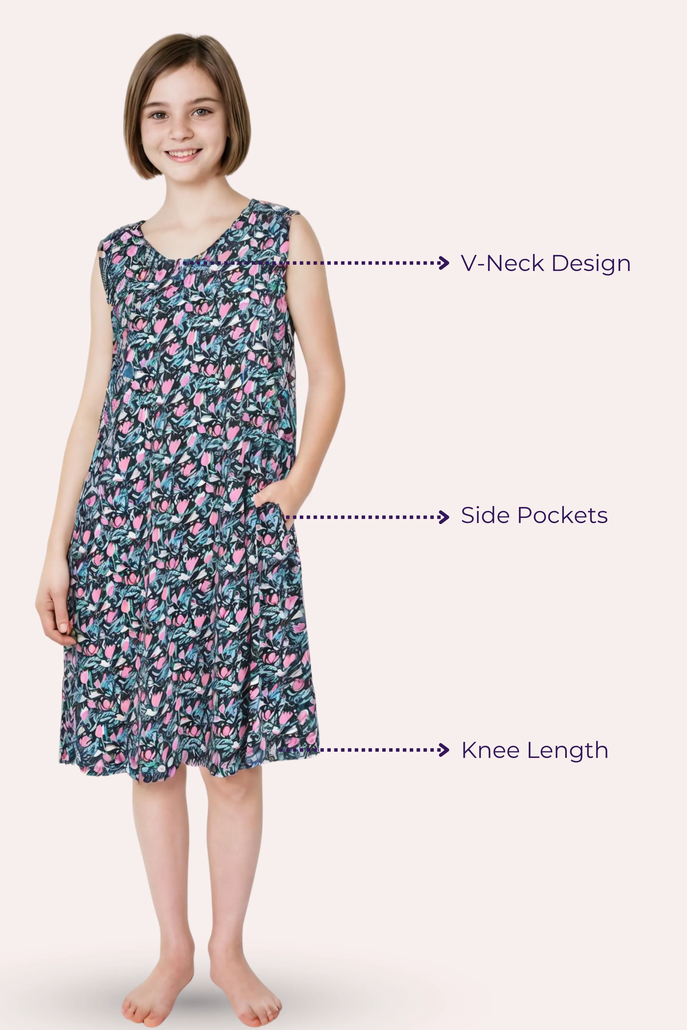 Easy Flare Teens Nighty | V Neck | Fit & Flare Silhouette | Roomy For Comfort | Knee Length | With 2 Pockets - Image 5
