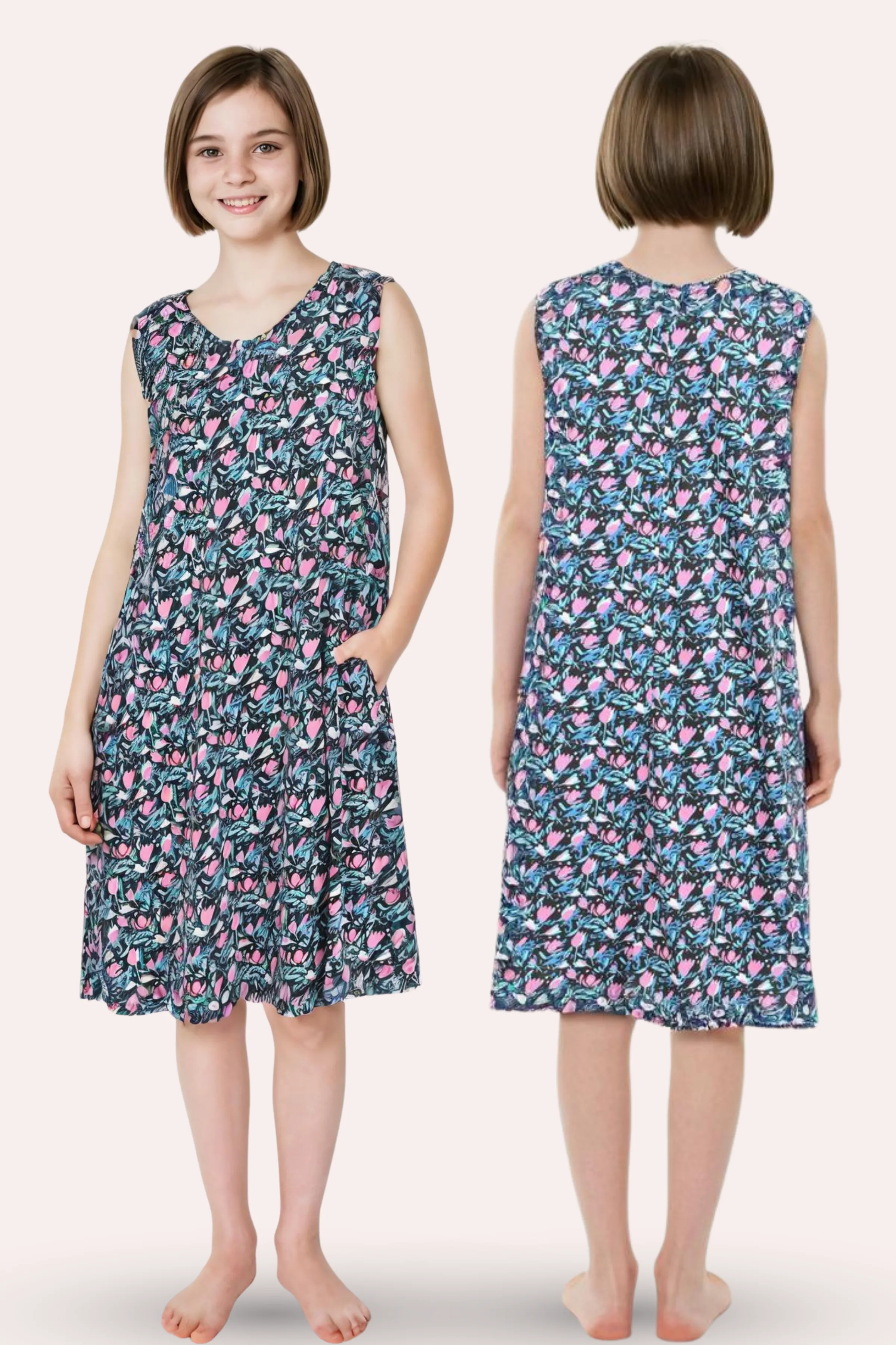 Easy Flare Teens Nighty | V Neck | Fit & Flare Silhouette | Roomy For Comfort | Knee Length | With 2 Pockets - Image 6