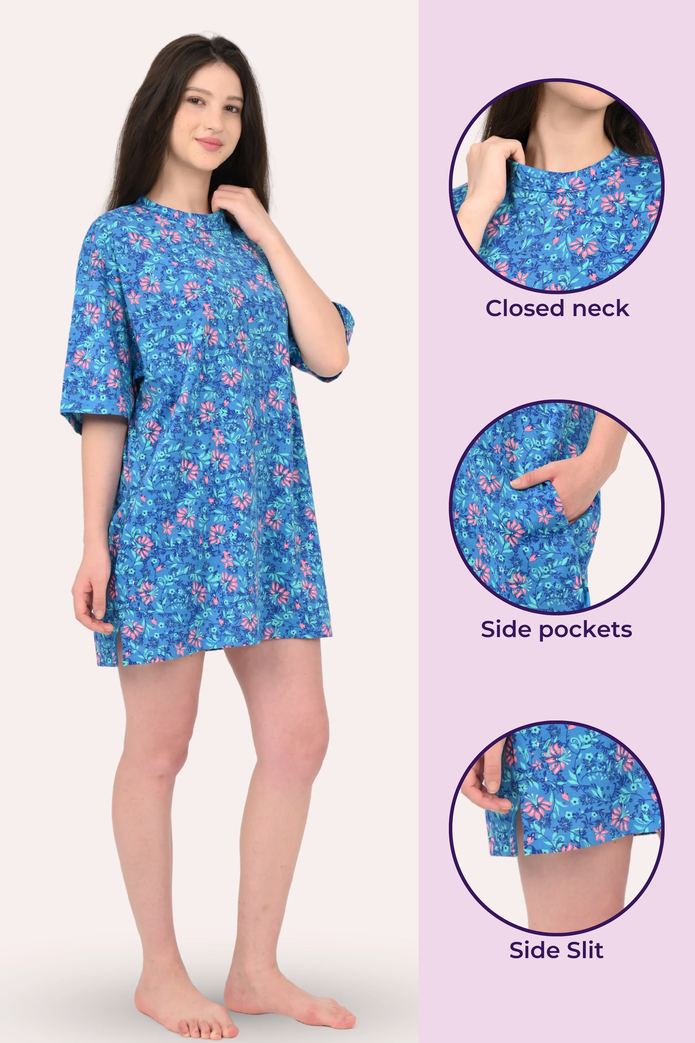 Oversized Night-Tee | Closed Neck | Side Slit For Easy Movement | Roomy For Comfort | Above Knee | With 2 Pockets - Image 2