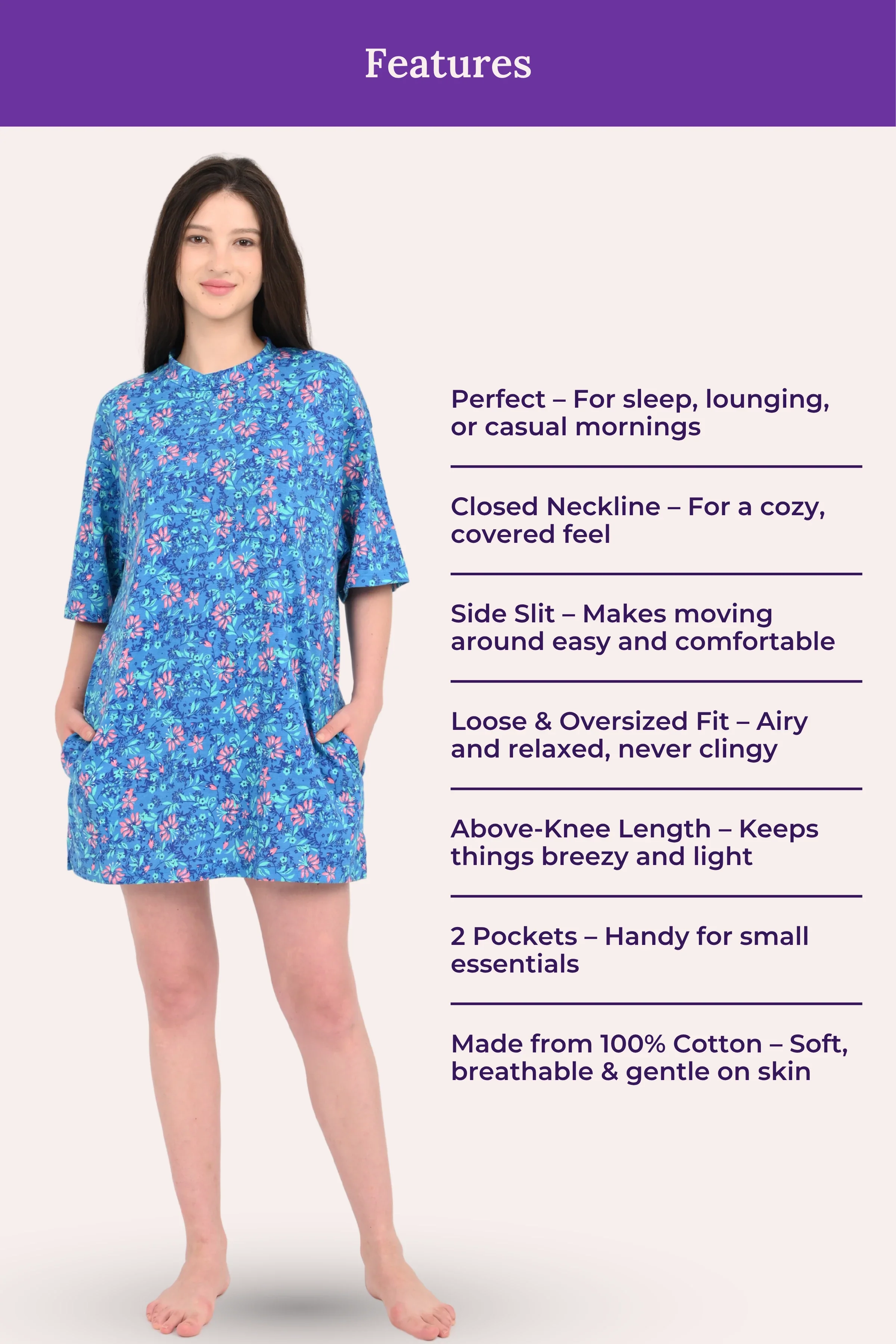 Oversized Night-Tee | Closed Neck | Side Slit For Easy Movement | Roomy For Comfort | Above Knee | With 2 Pockets - Image 4