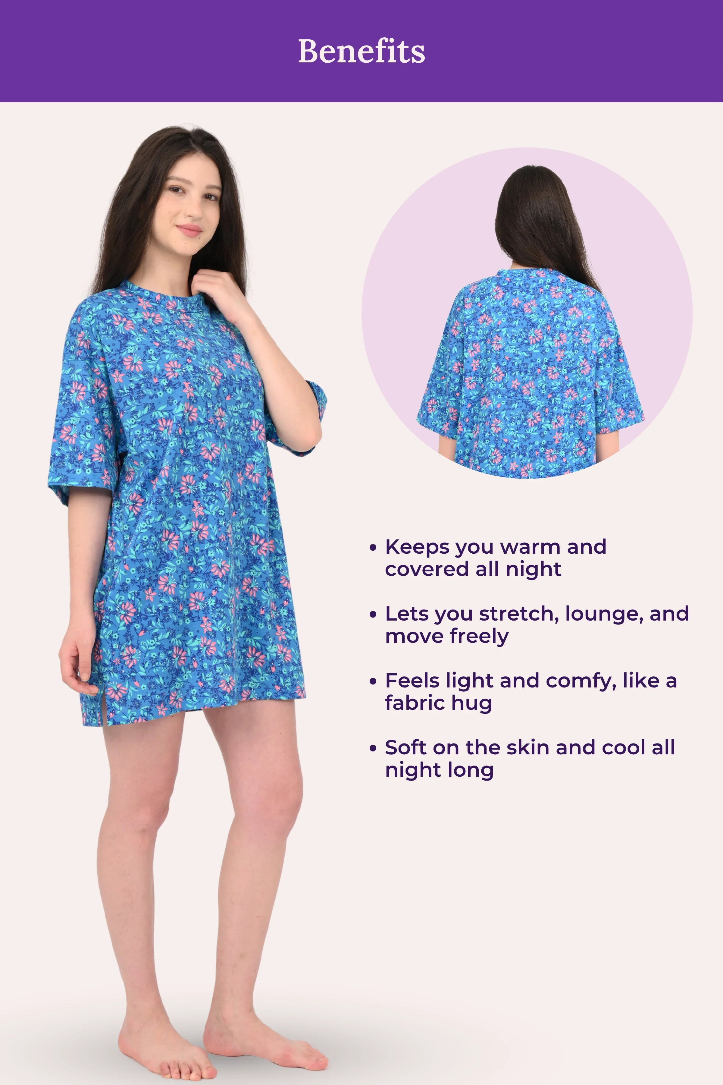 Oversized Night-Tee | Closed Neck | Side Slit For Easy Movement | Roomy For Comfort | Above Knee | With 2 Pockets - Image 5