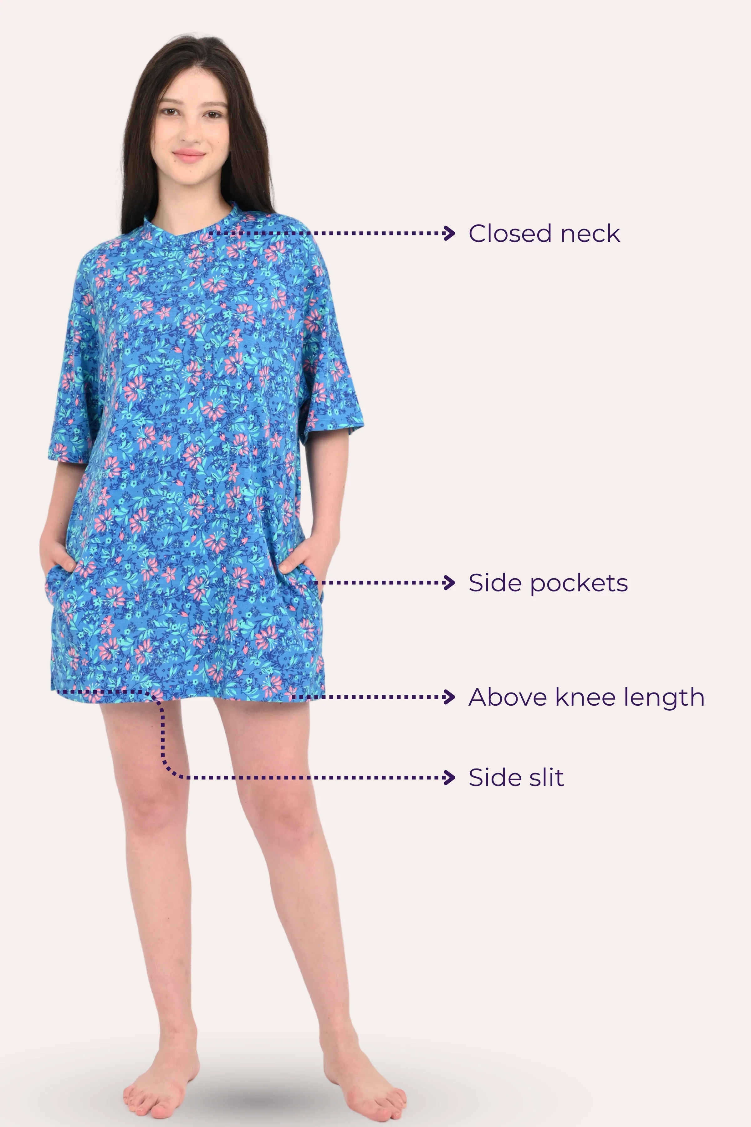 Oversized Night-Tee | Closed Neck | Side Slit For Easy Movement | Roomy For Comfort | Above Knee | With 2 Pockets - Image 6