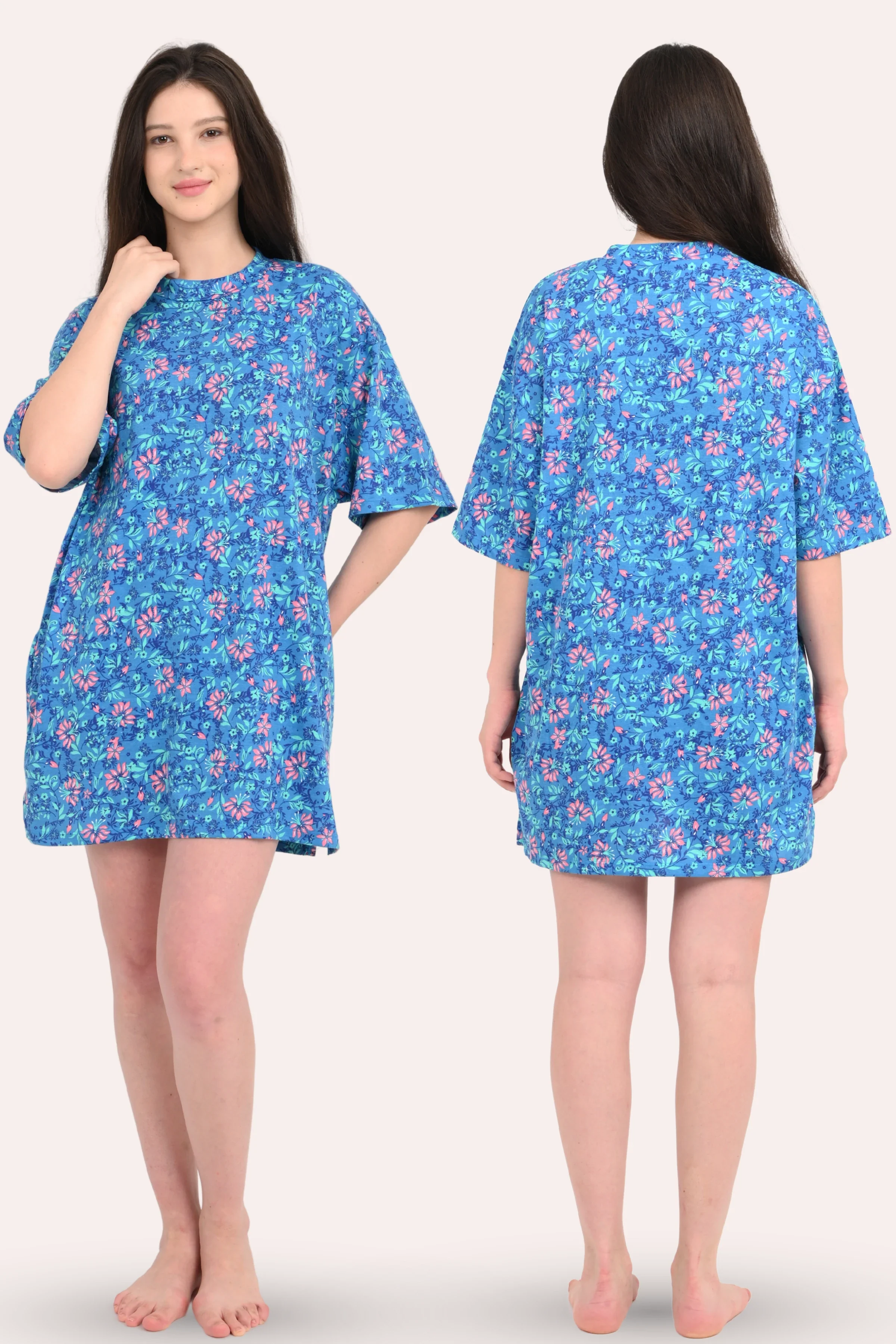 Oversized Night-Tee | Closed Neck | Side Slit For Easy Movement | Roomy For Comfort | Above Knee | With 2 Pockets - Image 7