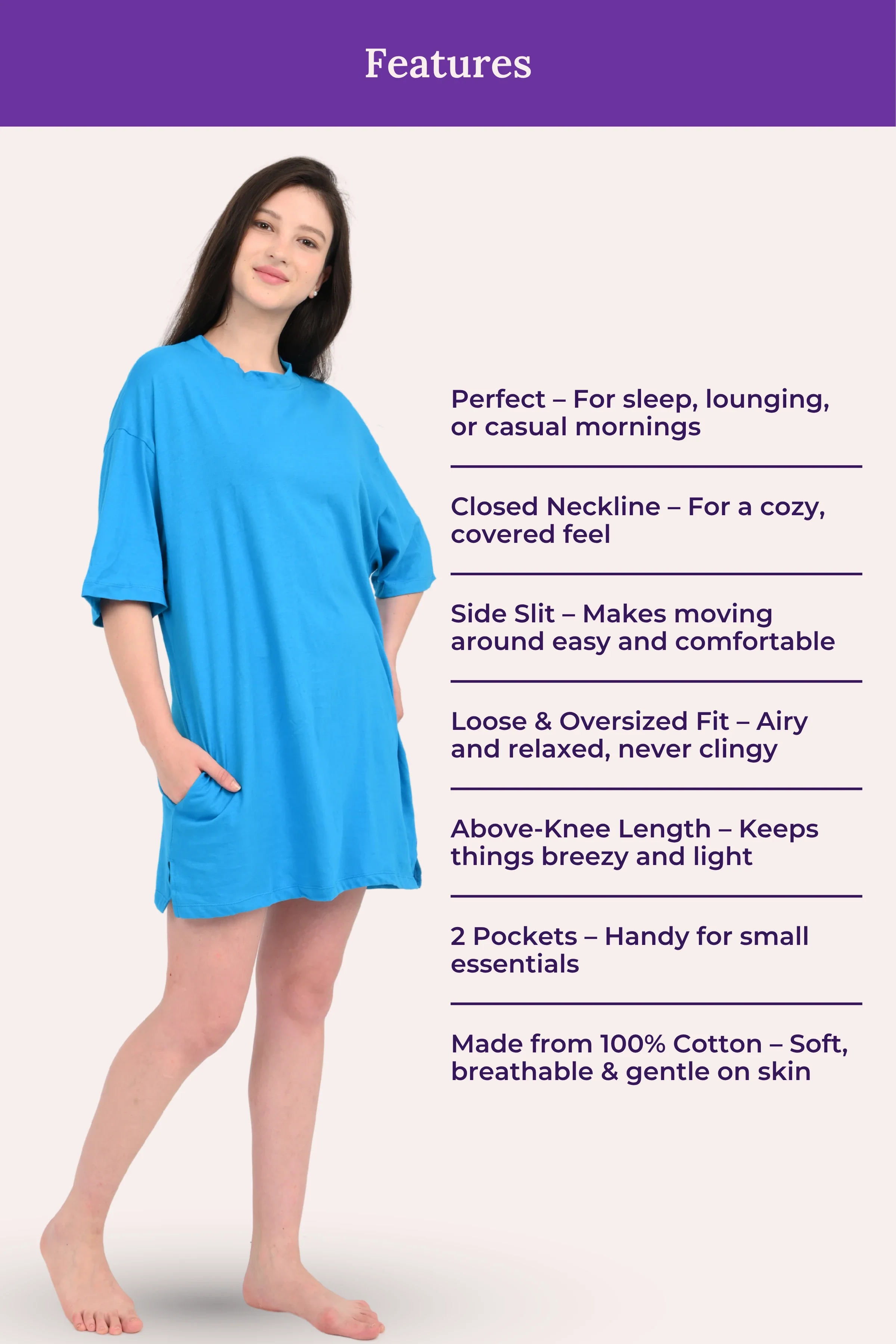 Oversized Night-Tee | Closed Neck | Side Slit For Easy Movement | Roomy For Comfort | Above Knee | With 2 Pockets - Image 4
