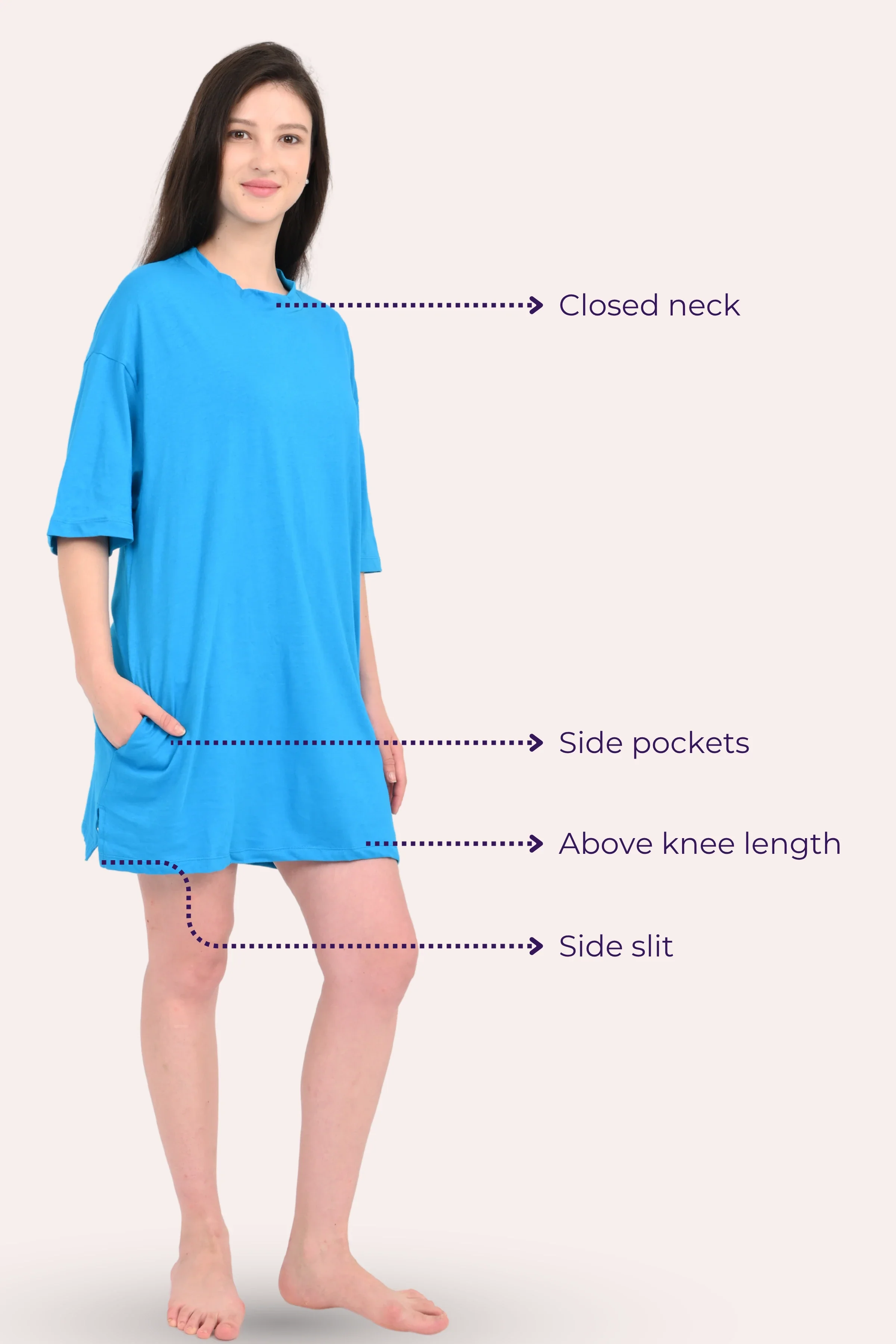 Oversized Night-Tee | Closed Neck | Side Slit For Easy Movement | Roomy For Comfort | Above Knee | With 2 Pockets - Image 6