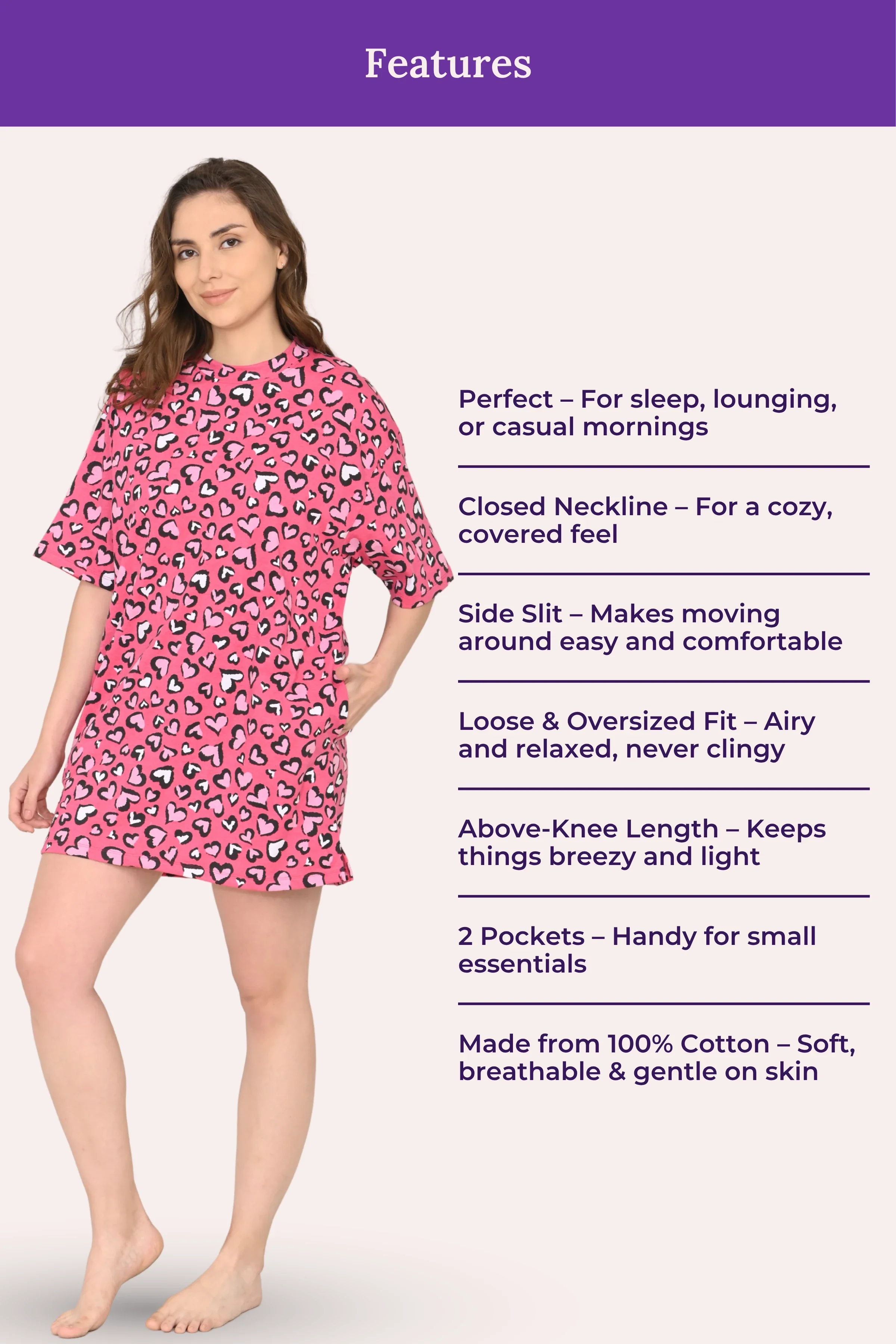Oversized Night-Tee | Closed Neck | Side Slit For Easy Movement | Roomy For Comfort | Above Knee | With 2 Pockets - Image 4
