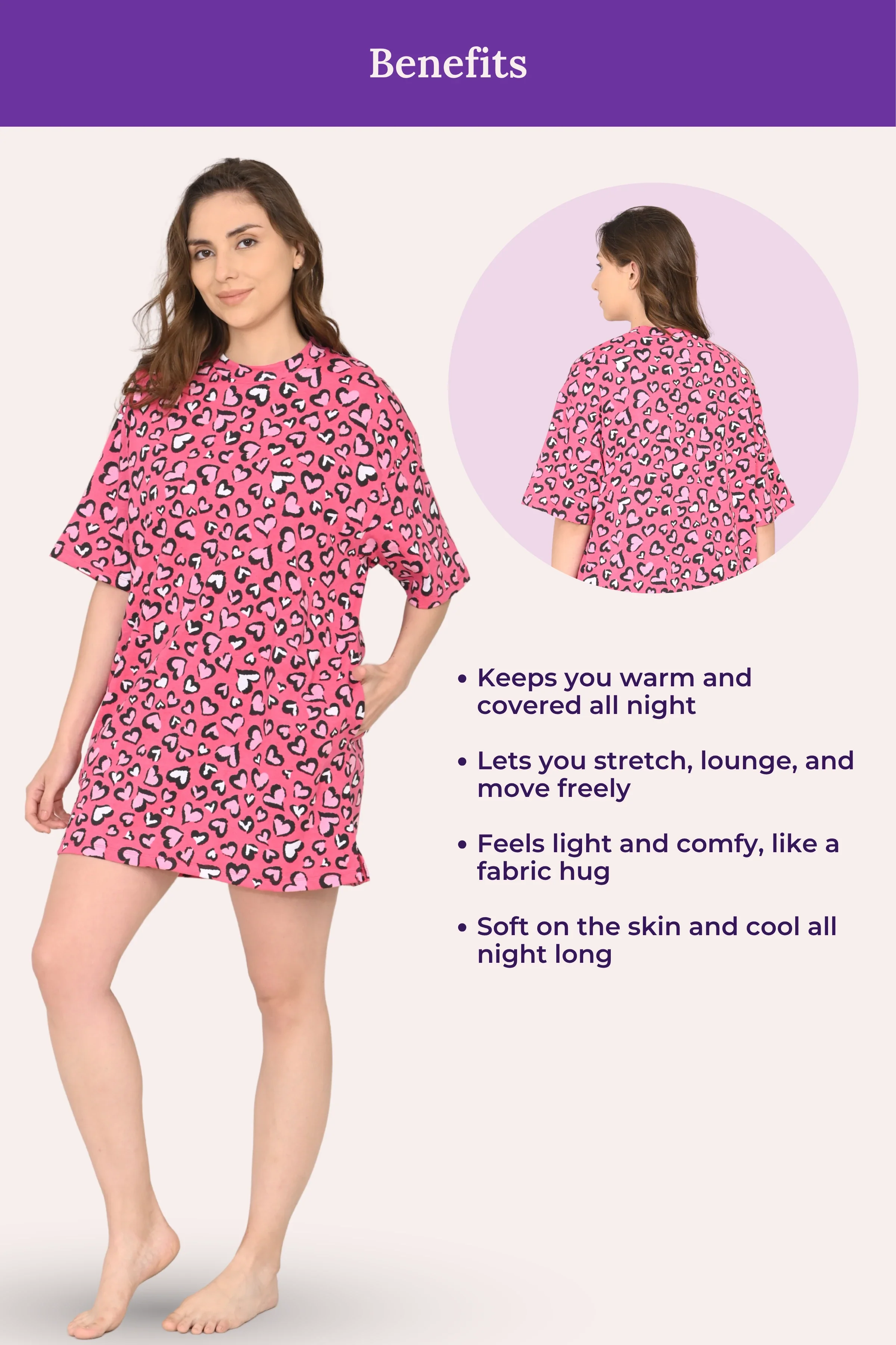 Oversized Night-Tee | Closed Neck | Side Slit For Easy Movement | Roomy For Comfort | Above Knee | With 2 Pockets - Image 5