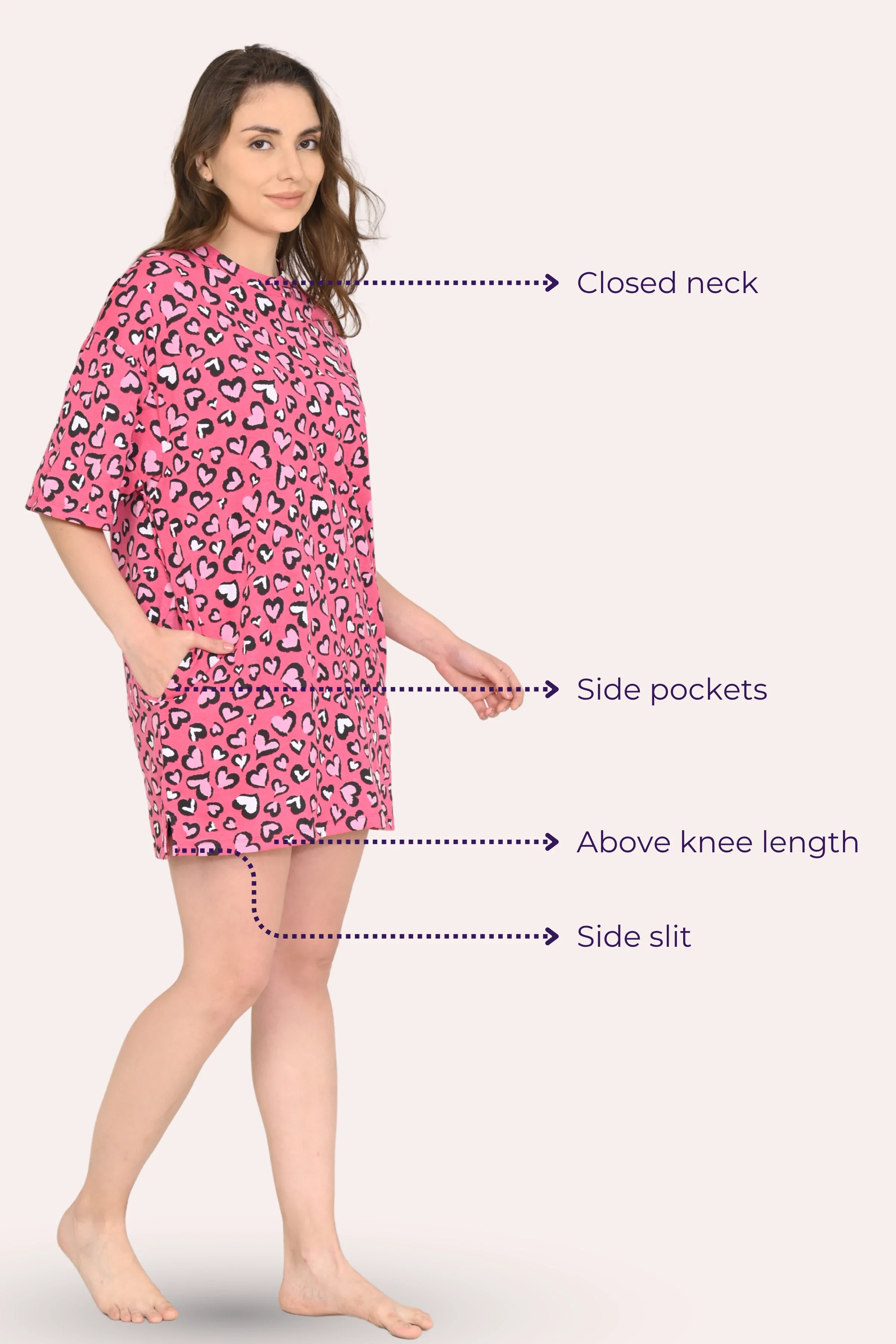 Oversized Night-Tee | Closed Neck | Side Slit For Easy Movement | Roomy For Comfort | Above Knee | With 2 Pockets - Image 6