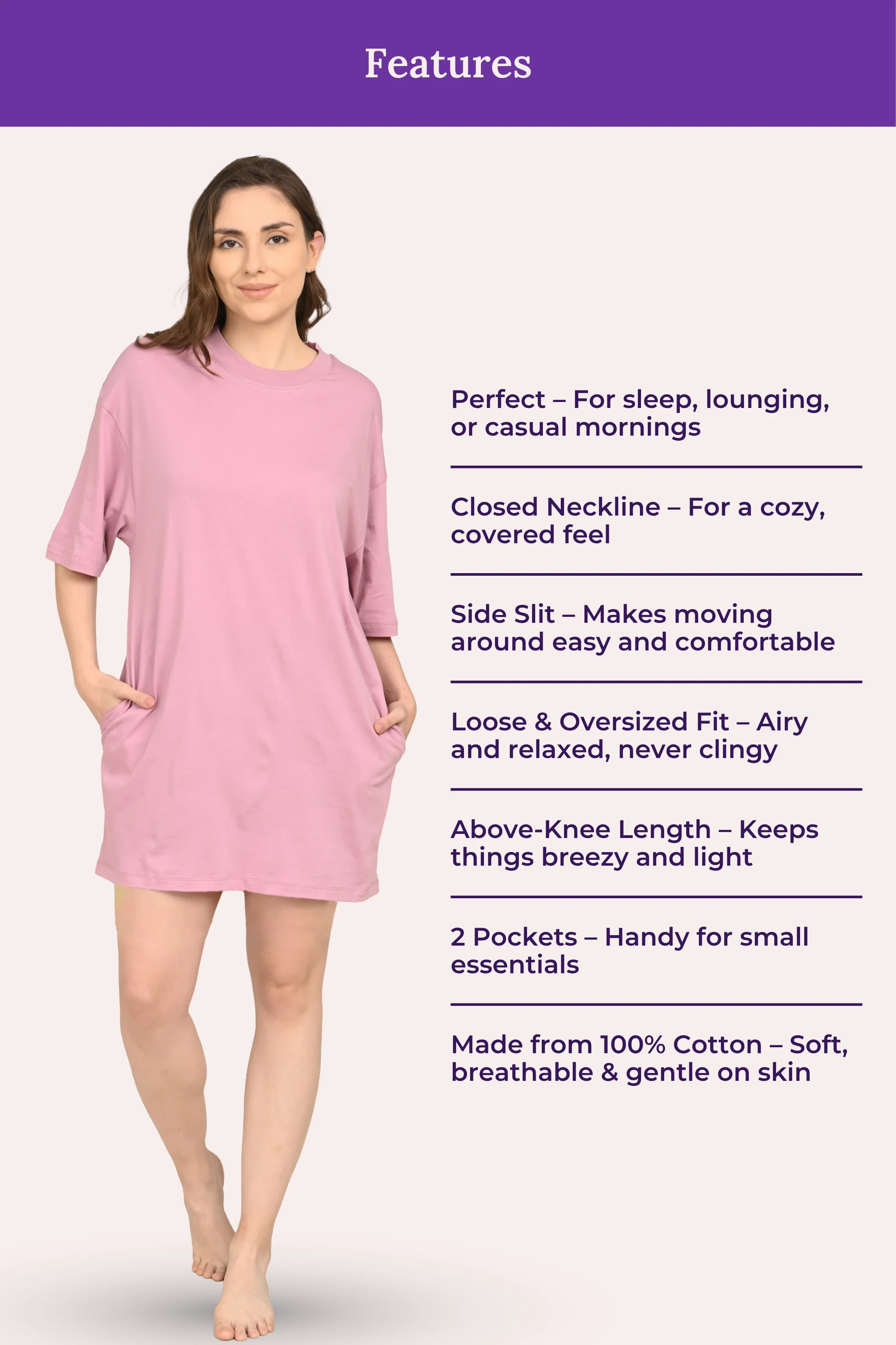 Oversized Night-Tee | Closed Neck | Side Slit For Easy Movement | Roomy For Comfort | Above Knee | With 2 Pockets - Image 4