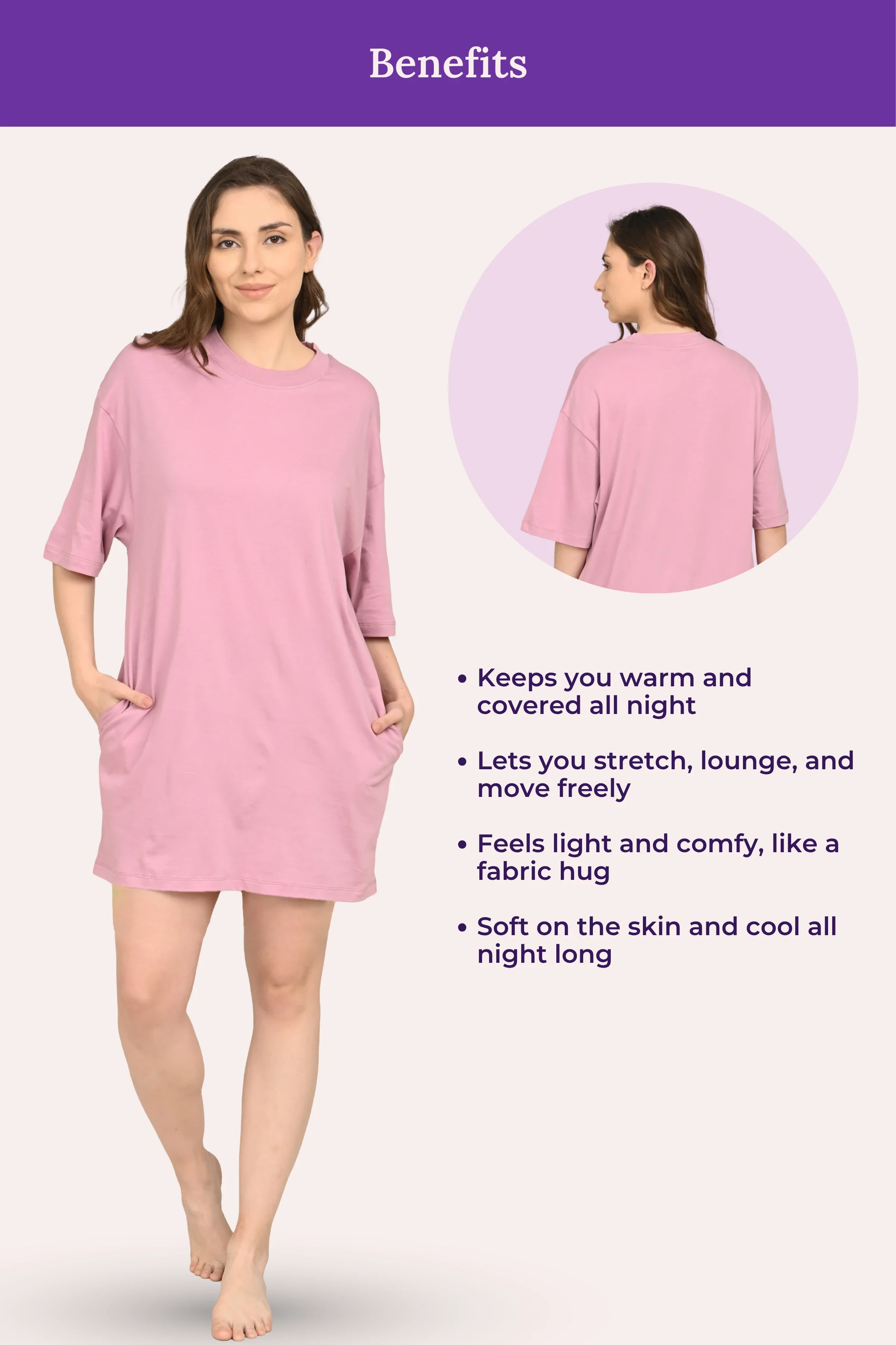 Oversized Night-Tee | Closed Neck | Side Slit For Easy Movement | Roomy For Comfort | Above Knee | With 2 Pockets - Image 5
