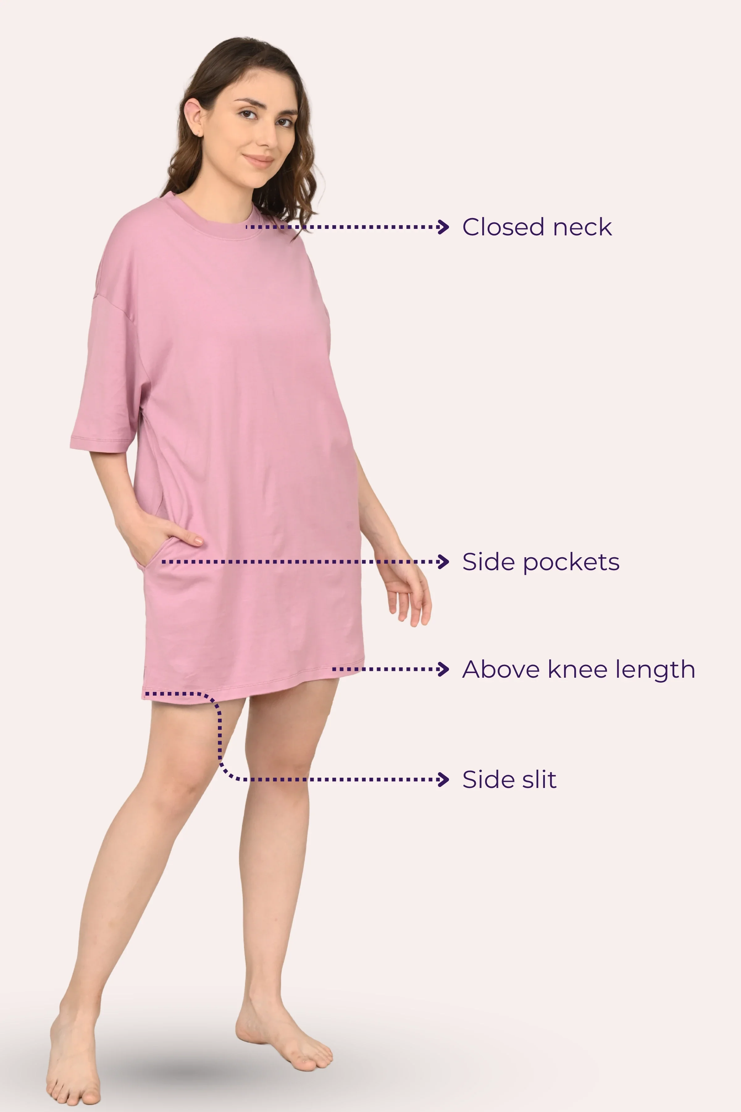 Oversized Night-Tee | Closed Neck | Side Slit For Easy Movement | Roomy For Comfort | Above Knee | With 2 Pockets - Image 6