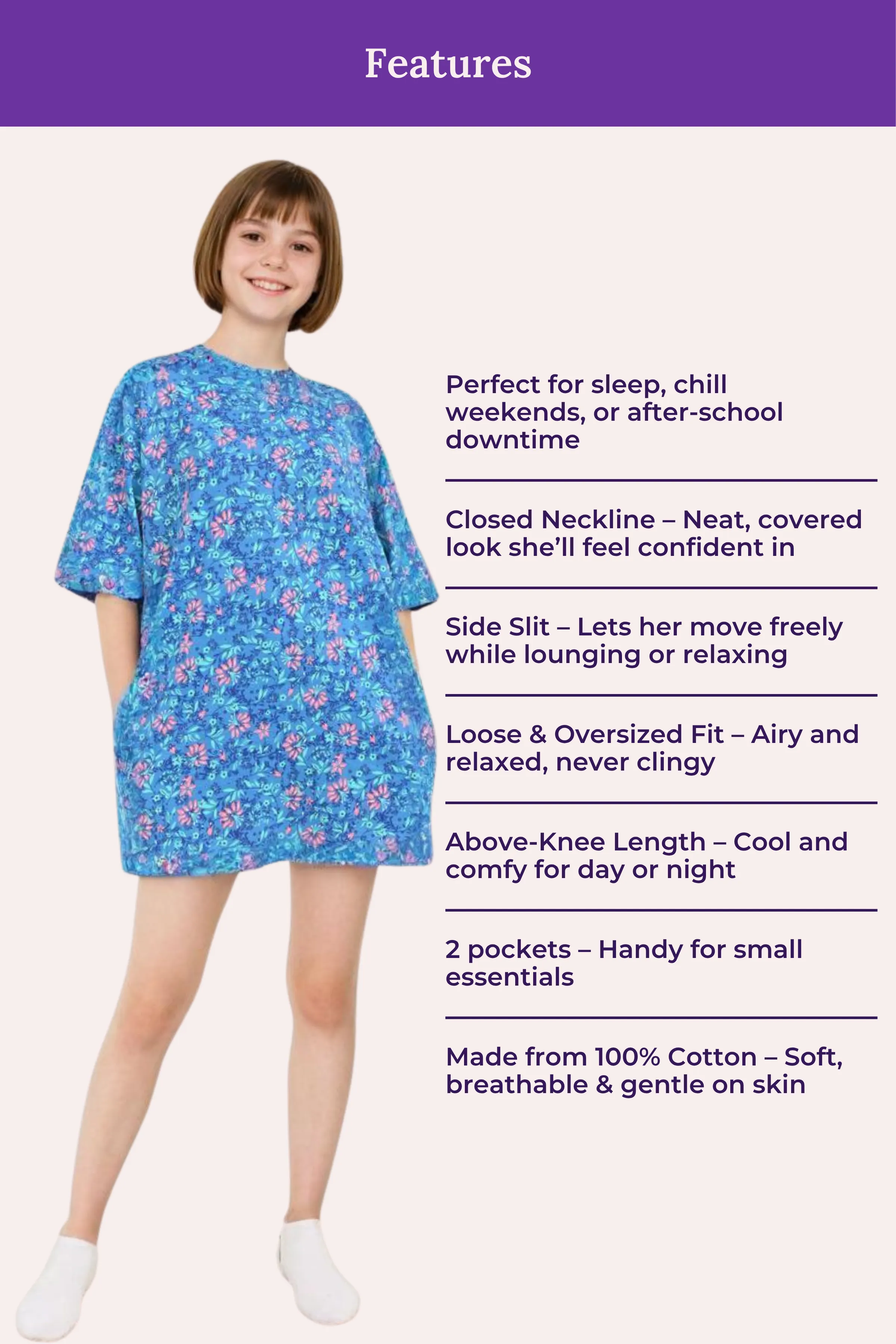 Oversized Cotton Night-Tee For Teen | Soft, Roomy & Above-Knee | With Pockets & Side Slit For Easy Movement - Image 4