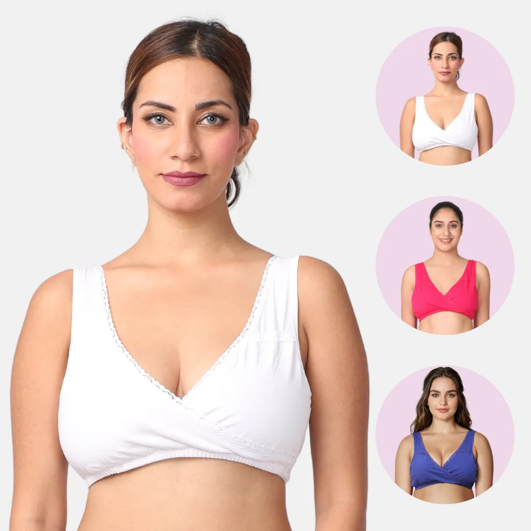 Leakproof Nursing Bra | Baby-Safe Design | Pull-Over Neckline | Non Padded & Non Wired | Ideal For Nights & Lounging | 3-Pack