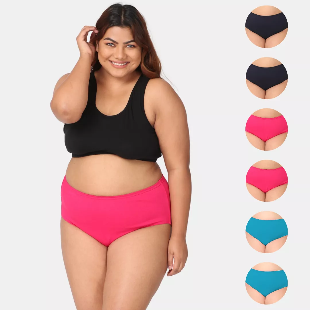 Plus Size Cotton Briefs | High Waist | Full Hip & Back Coverage | For Curvy Women | No Exposed Elastic At Waist & Thigh Round | Prevents Friction & Rash Free | 6 Pack