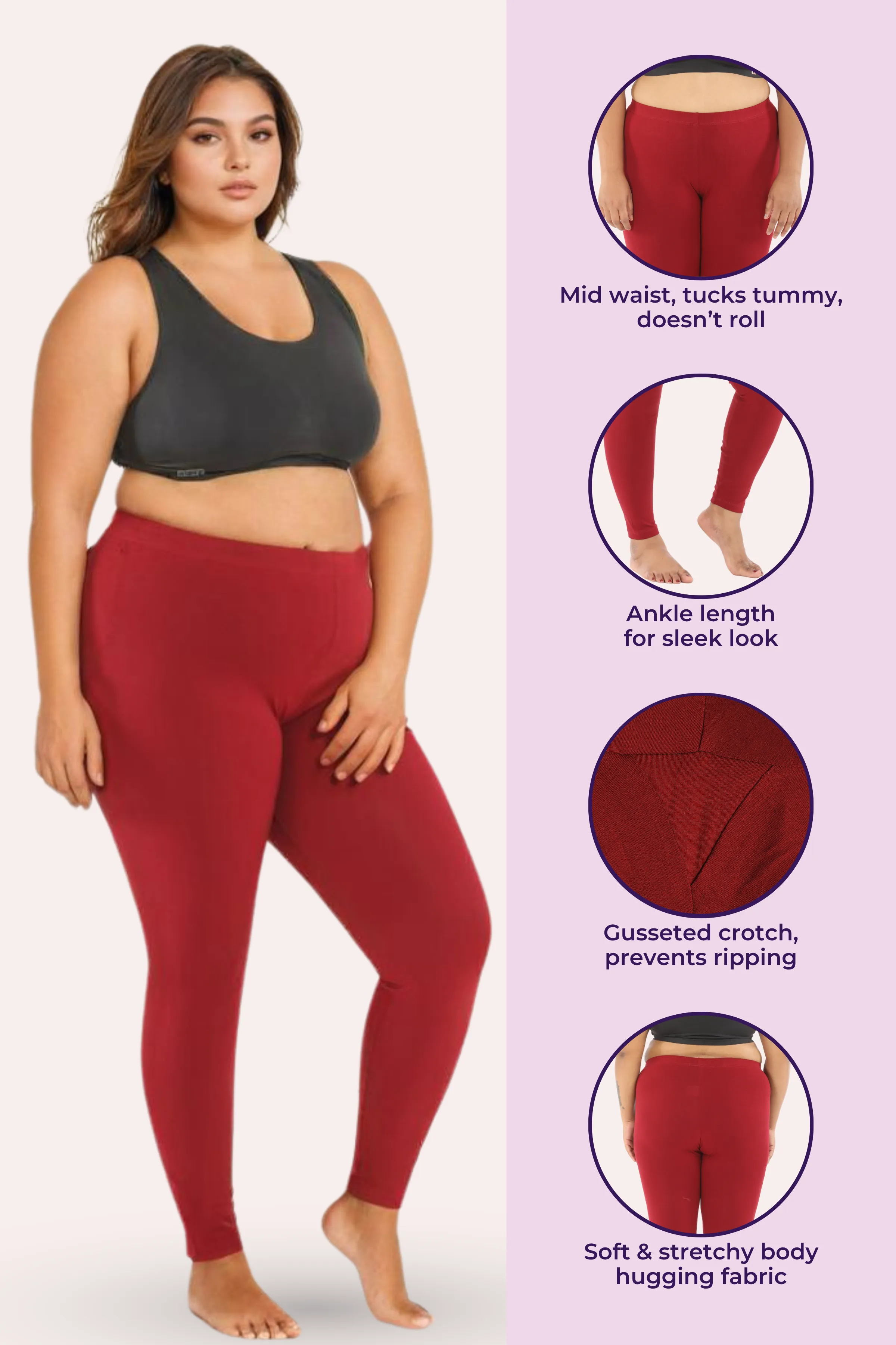 Plus Size Leggings For Women | Mid Waist | Ankle Length | Soft Cotton & Elastane Blend | Non-See-Through | Gusset Crotch Prevents Ripping - Image 2