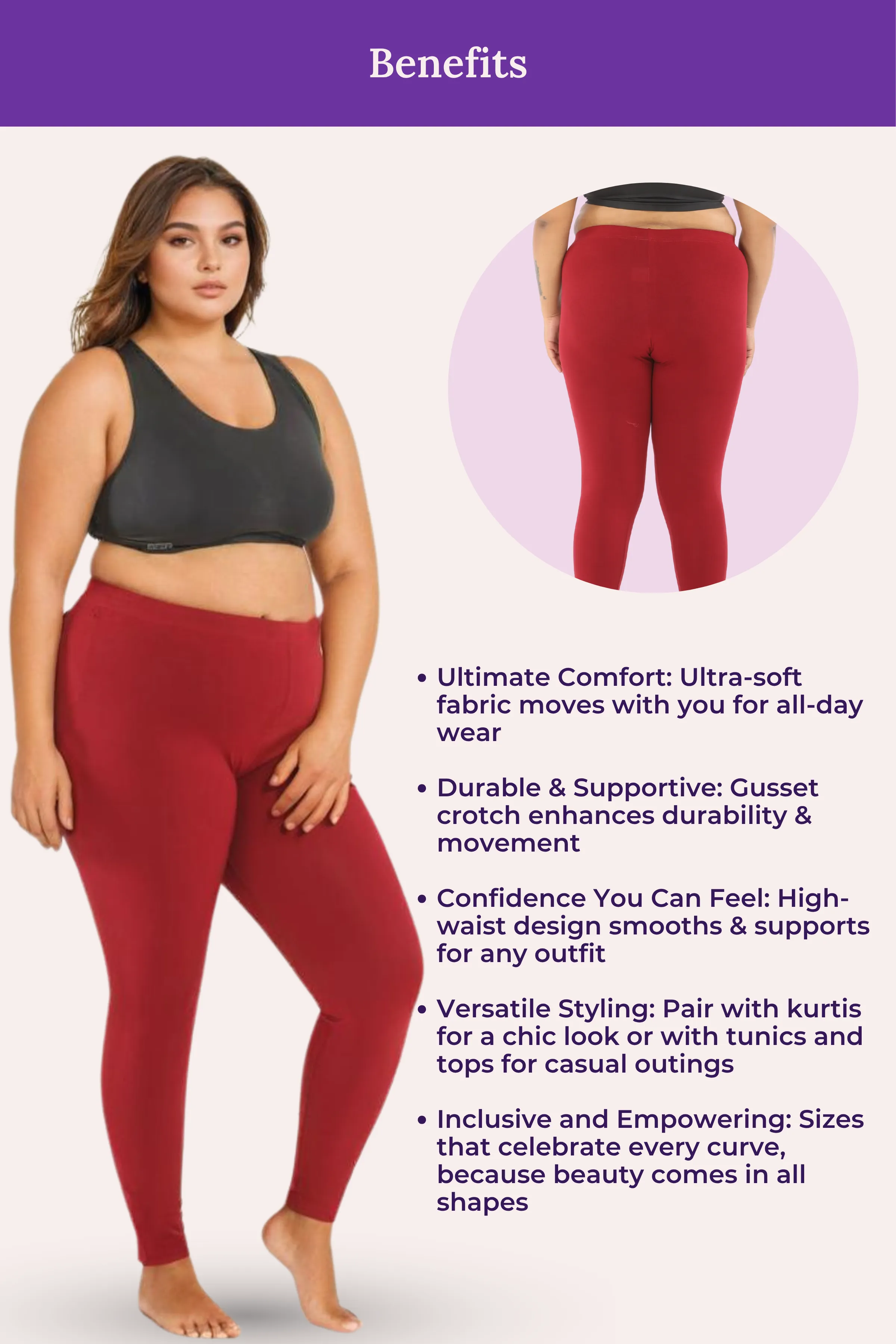 Plus Size Leggings For Women | Mid Waist | Ankle Length | Soft Cotton & Elastane Blend | Non-See-Through | Gusset Crotch Prevents Ripping - Image 6