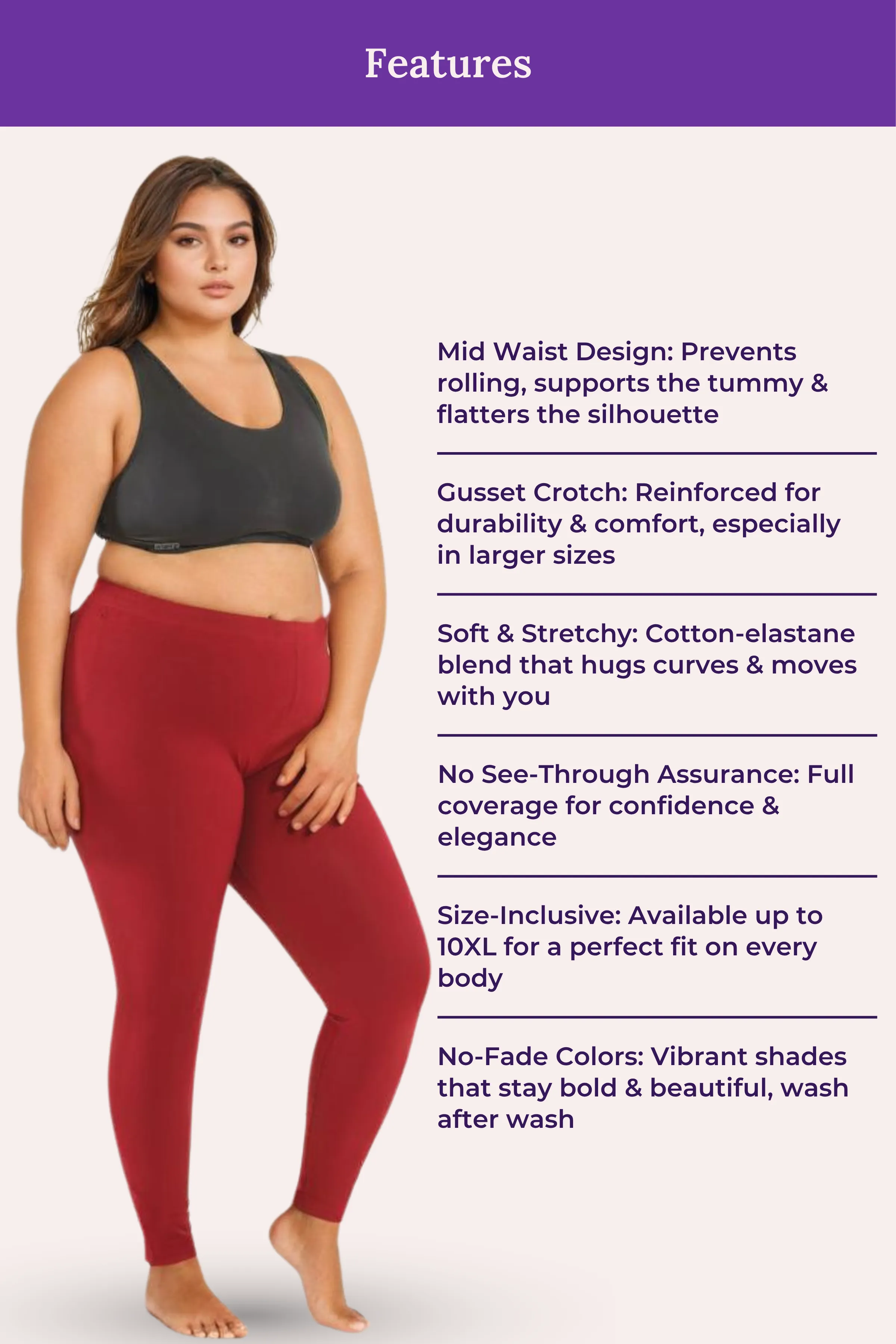 Plus Size Leggings For Women | Mid Waist | Ankle Length | Soft Cotton & Elastane Blend | Non-See-Through | Gusset Crotch Prevents Ripping - Image 7
