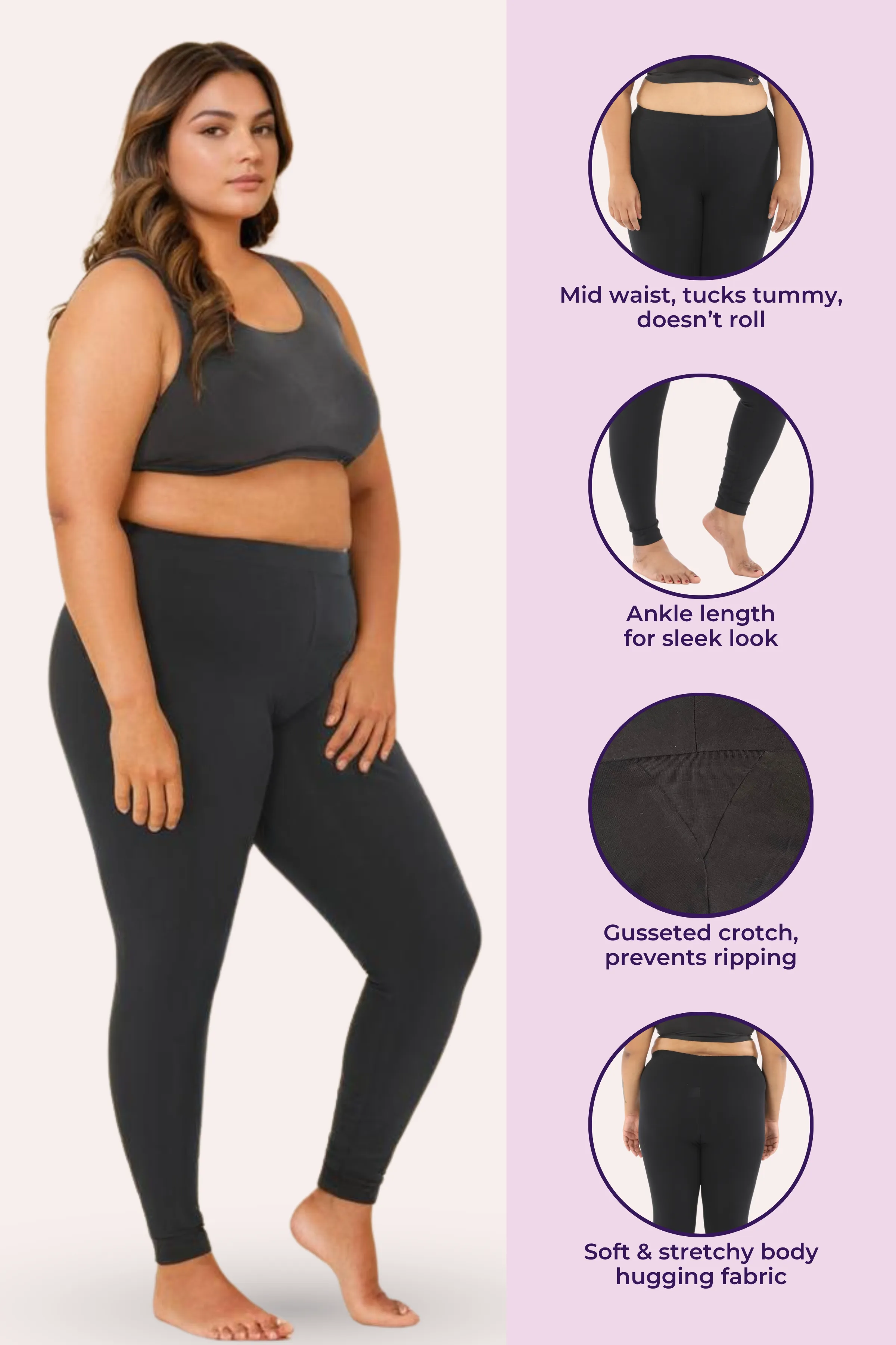 Plus Size Leggings For Women | Mid Waist | Ankle Length | Soft Cotton & Elastane Blend | Non-See-Through | Gusset Crotch Prevents Ripping - Image 2